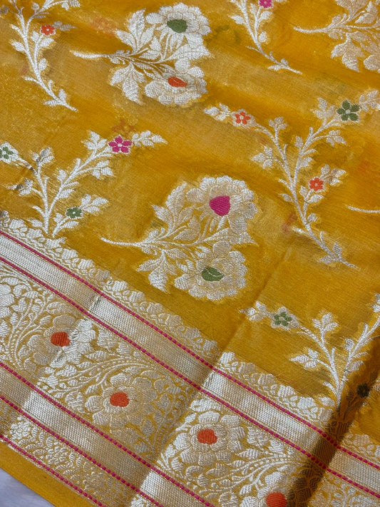 Yellow Pure Chiniya Silk Saree with Zari Weave Border | Elegant Festive & Wedding Wear