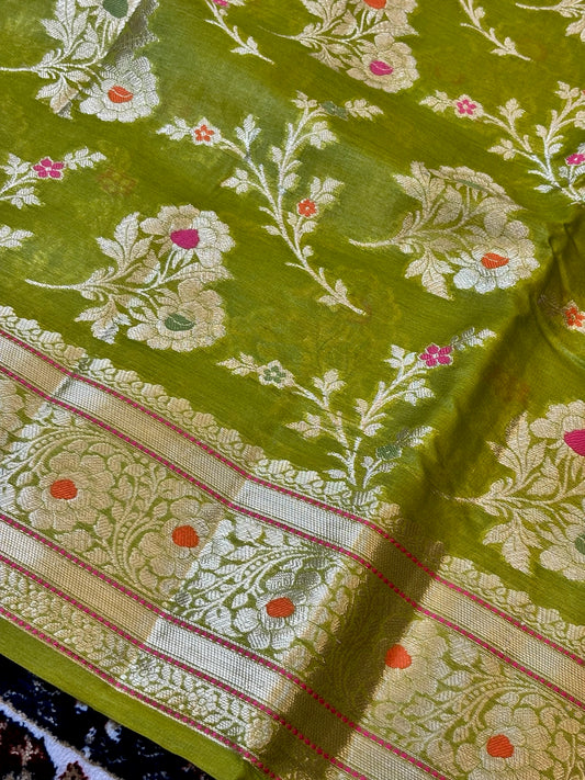 Pista Green Pure Chiniya Silk Saree with Zari Weave Border | Elegant Festive & Wedding Wear