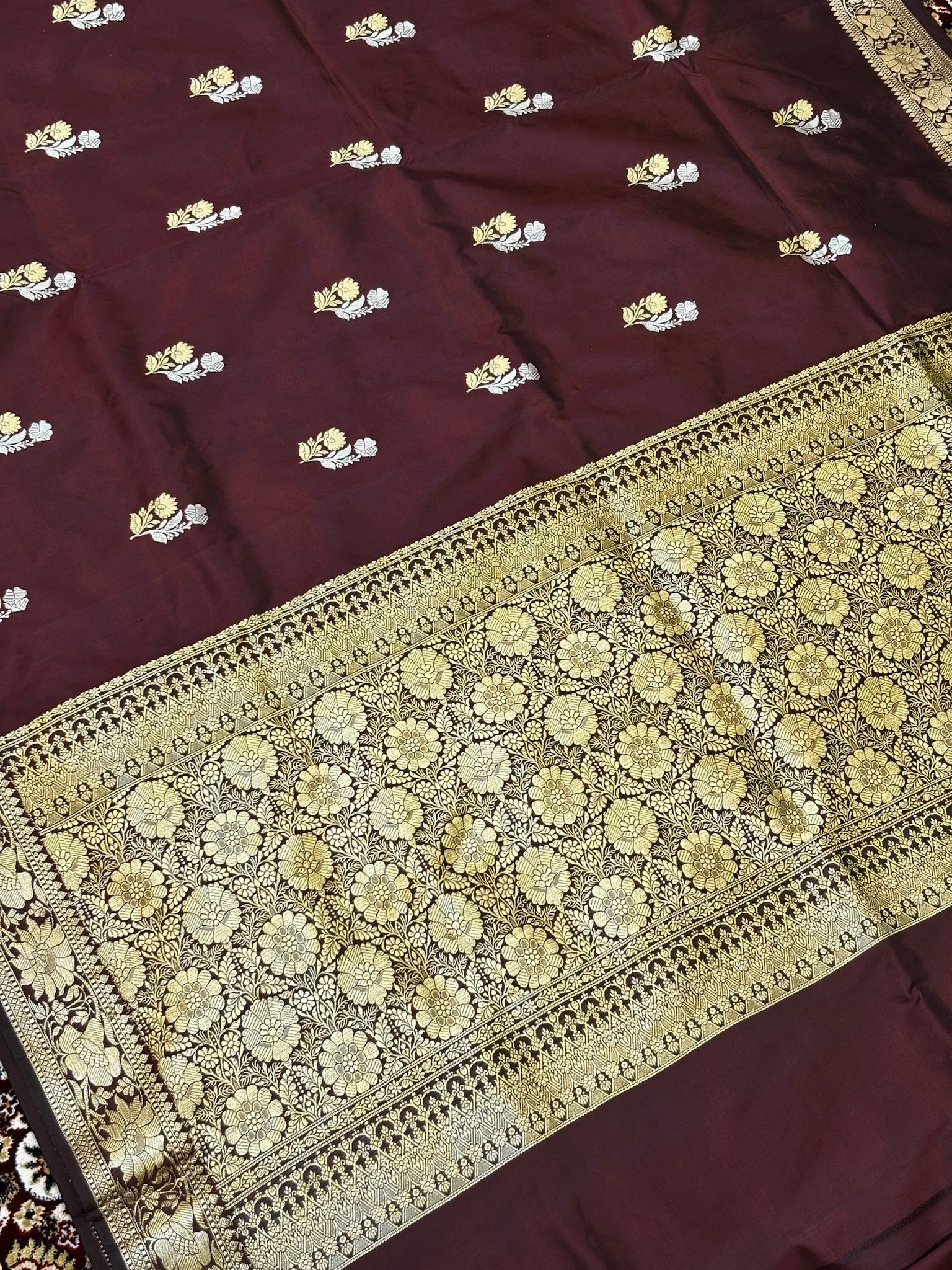 Premium Zari Buti Brown Saree with Intricate Gold Border | Elegant Ethnic Wear for Festive & Wedding