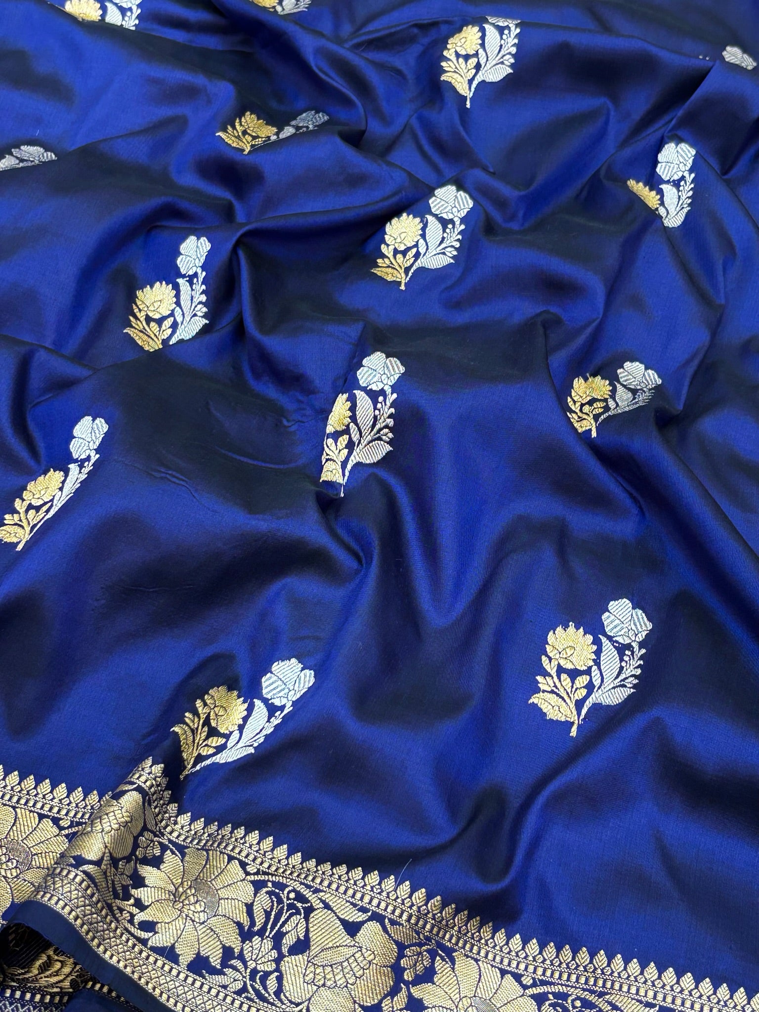 Premium Zari Buti Navy Blue Saree with Intricate Gold Border | Elegant Ethnic Wear for Festive & Wedding