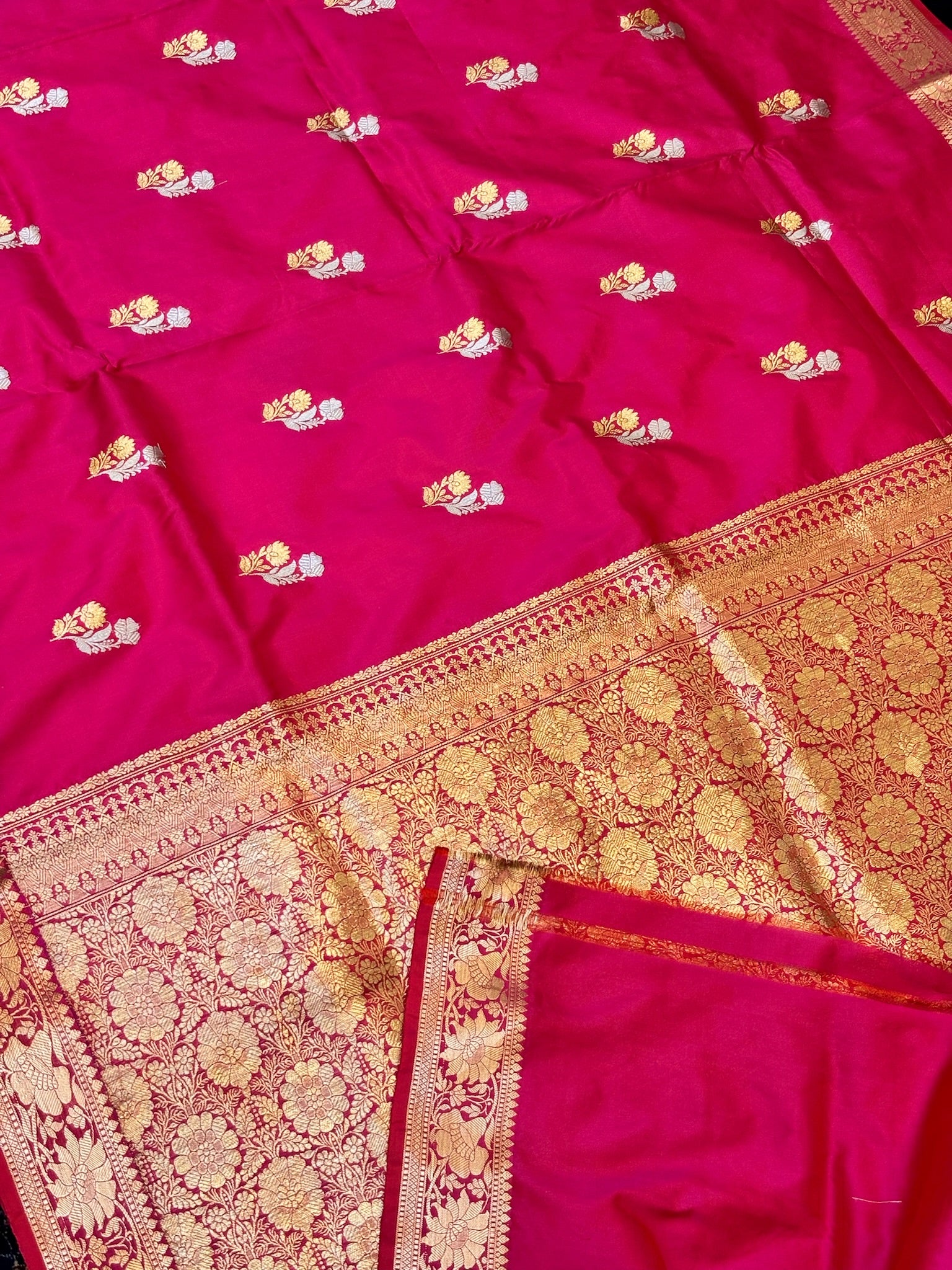 Premium Zari Buti Rani Pink Saree with Intricate Gold Border | Elegant Ethnic Wear for Festive & Wedding