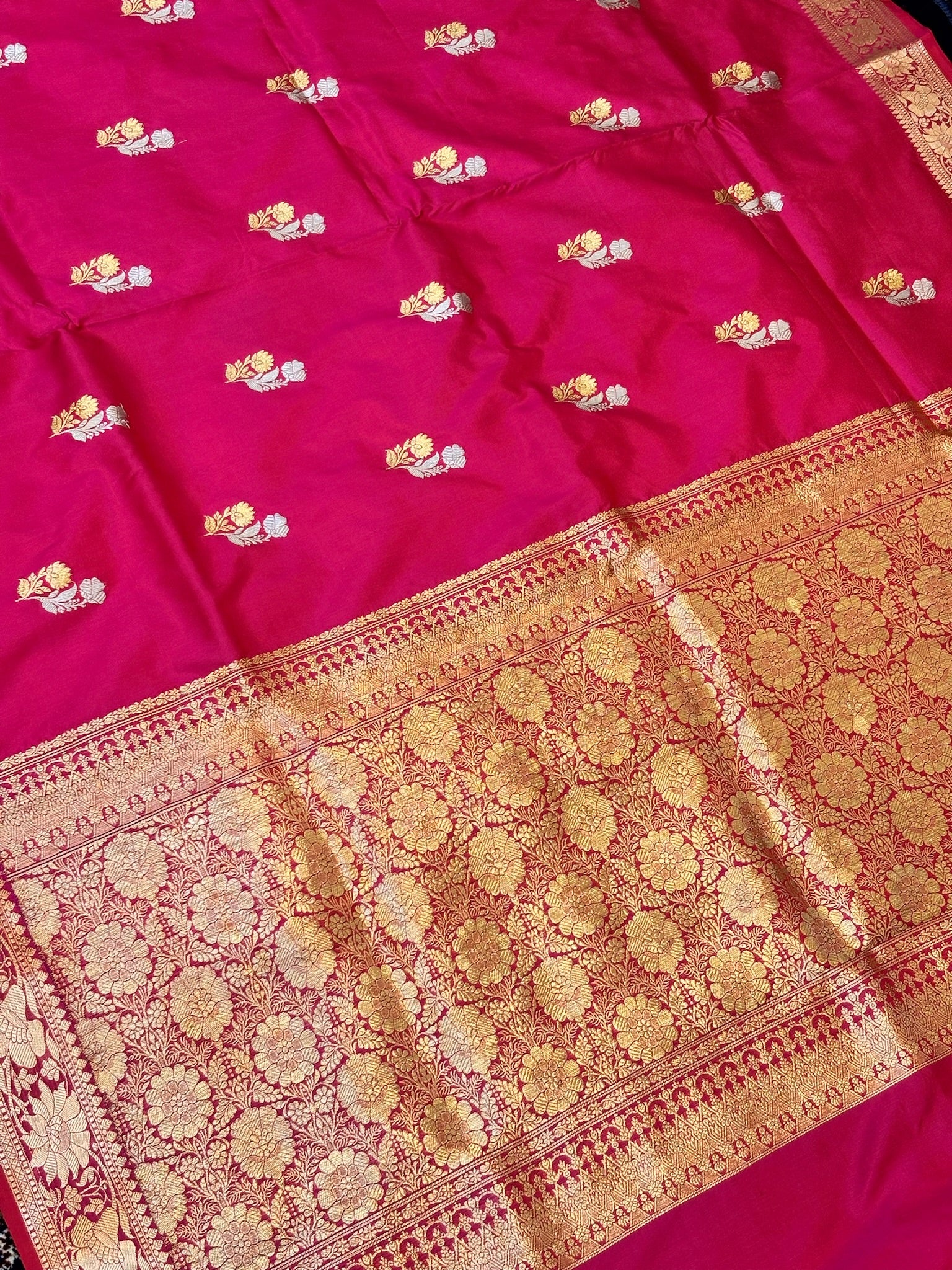 Premium Zari Buti Rani Pink Saree with Intricate Gold Border | Elegant Ethnic Wear for Festive & Wedding