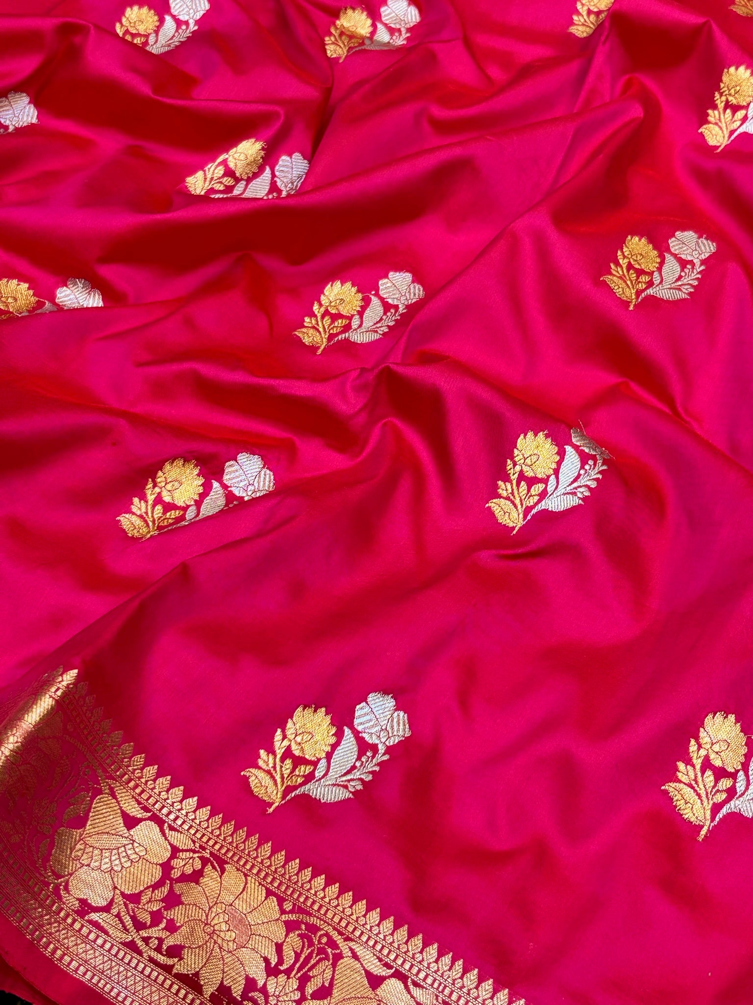 Premium Zari Buti Rani Pink Saree with Intricate Gold Border | Elegant Ethnic Wear for Festive & Wedding