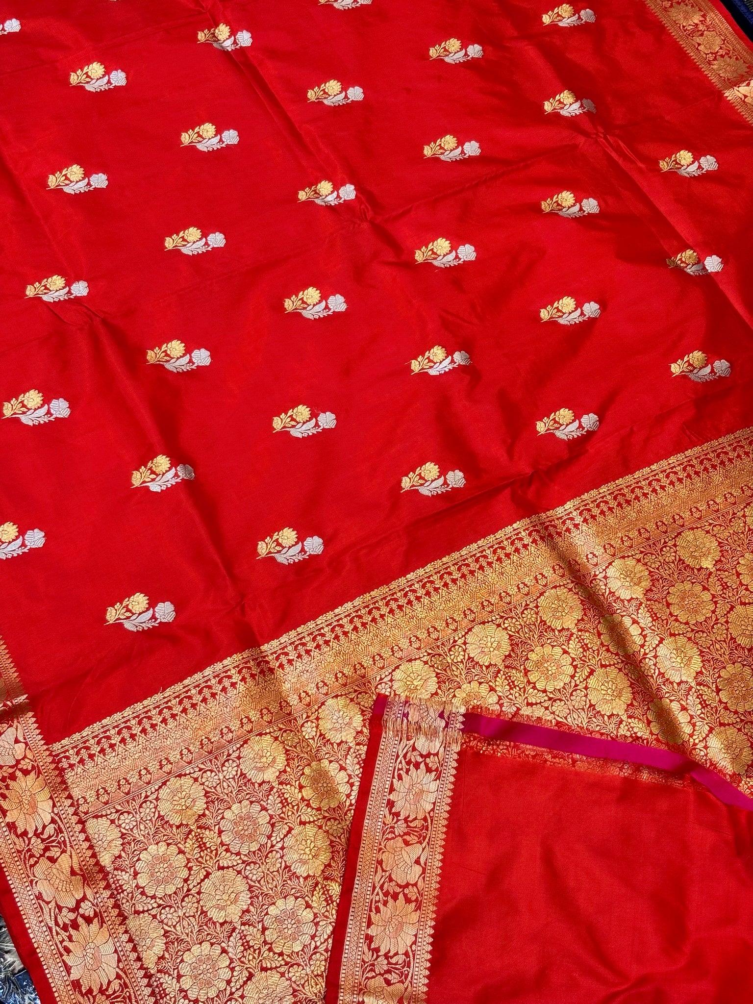 Premium Red Zari Buti Saree with Intricate Gold Border | Elegant Ethnic Wear for Festive & Wedding
