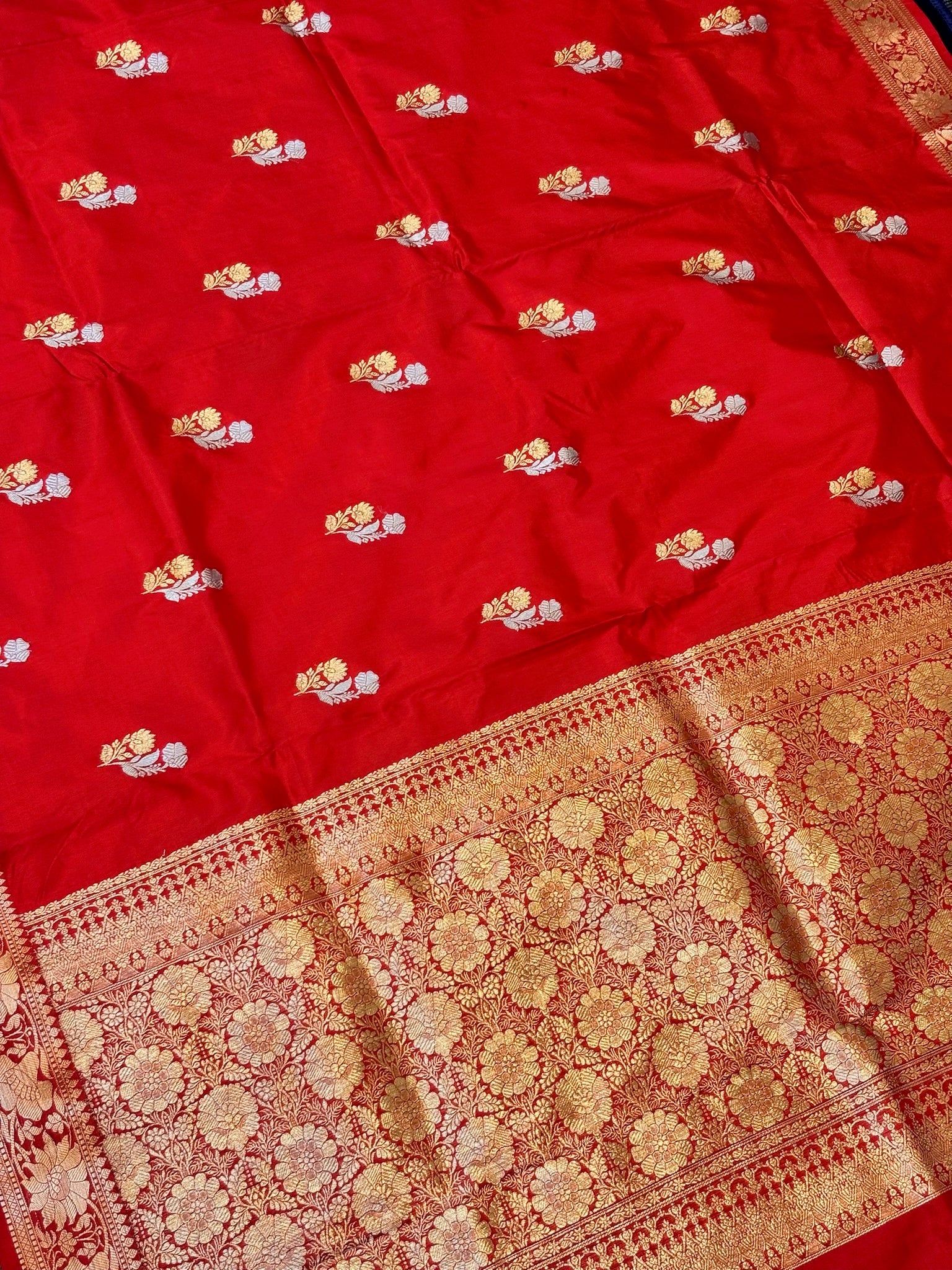 Premium Red Zari Buti Saree with Intricate Gold Border | Elegant Ethnic Wear for Festive & Wedding