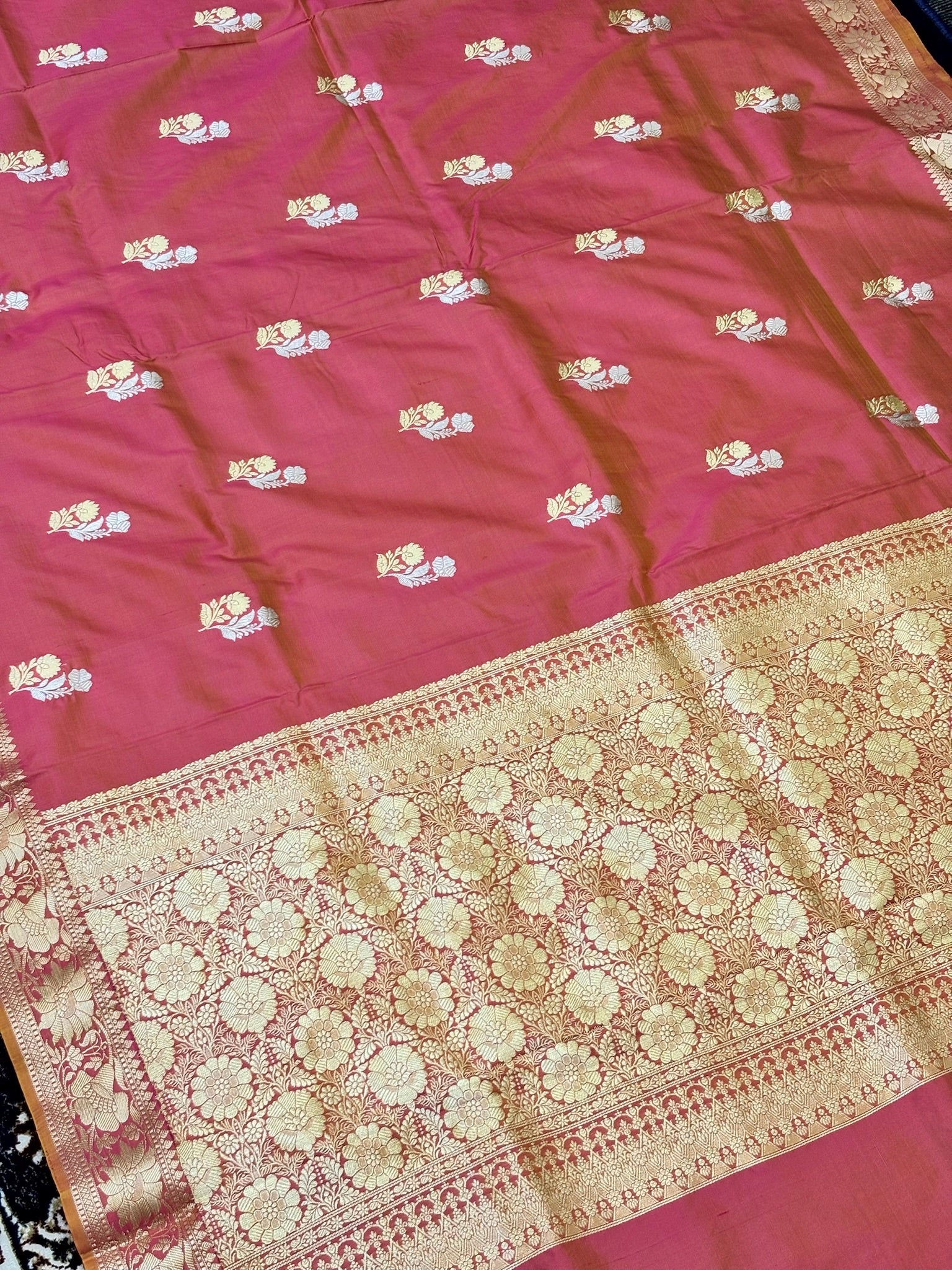 Premium Zari Buti Peach Pink Saree with Intricate Gold Border | Elegant Ethnic Wear for Festive & Wedding