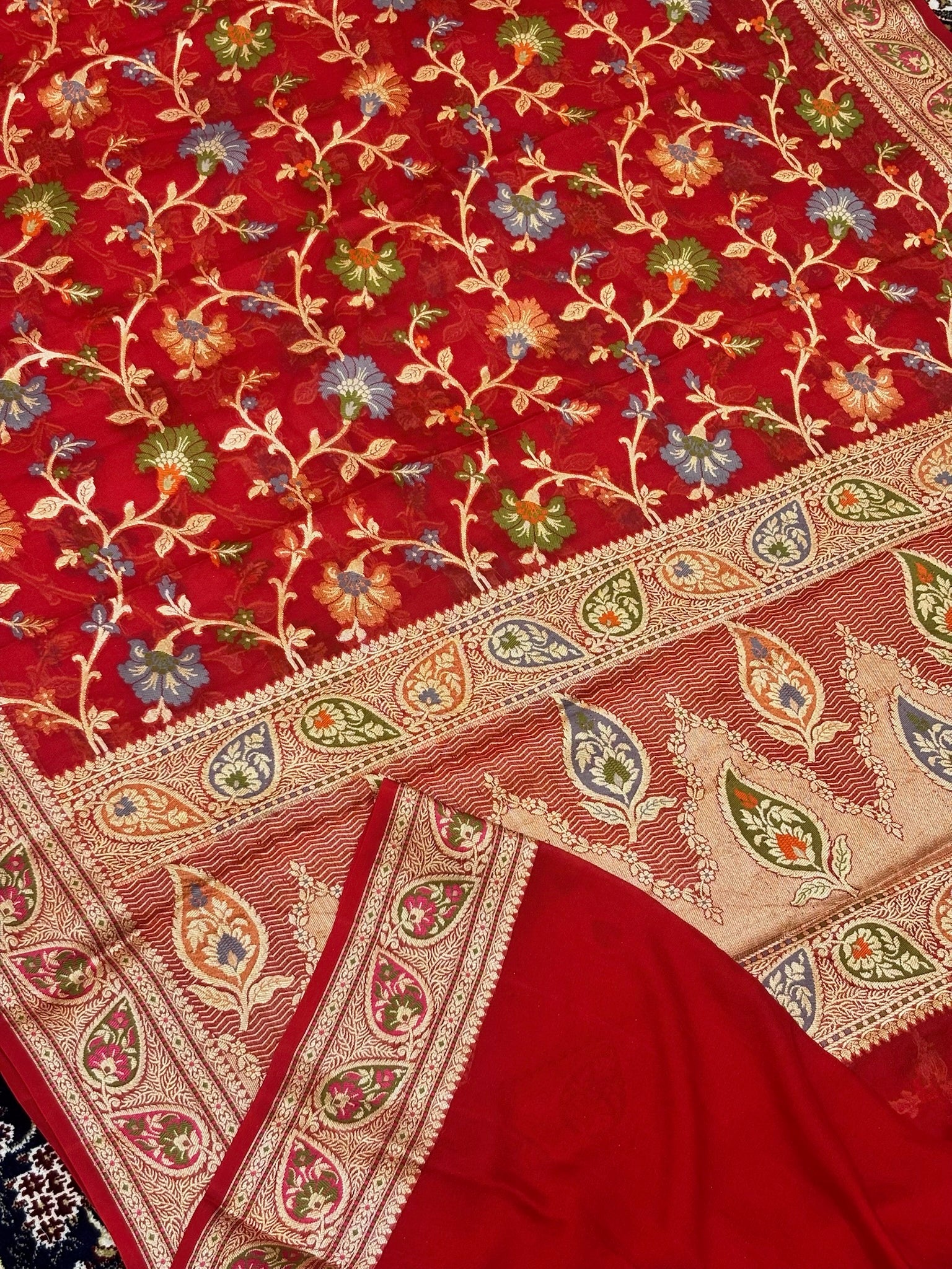 Pure Chiffon Silk Saree in Red with Zari Border | Handcrafted Elegant Party Wear