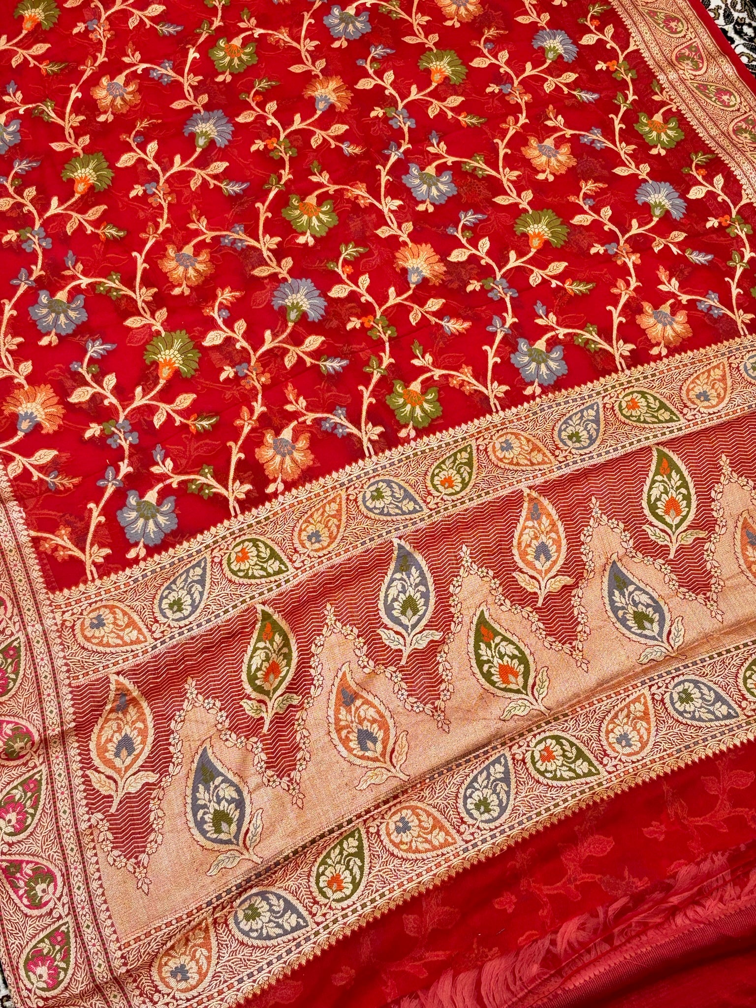 Pure Chiffon Silk Saree in Red with Zari Border | Handcrafted Elegant Party Wear