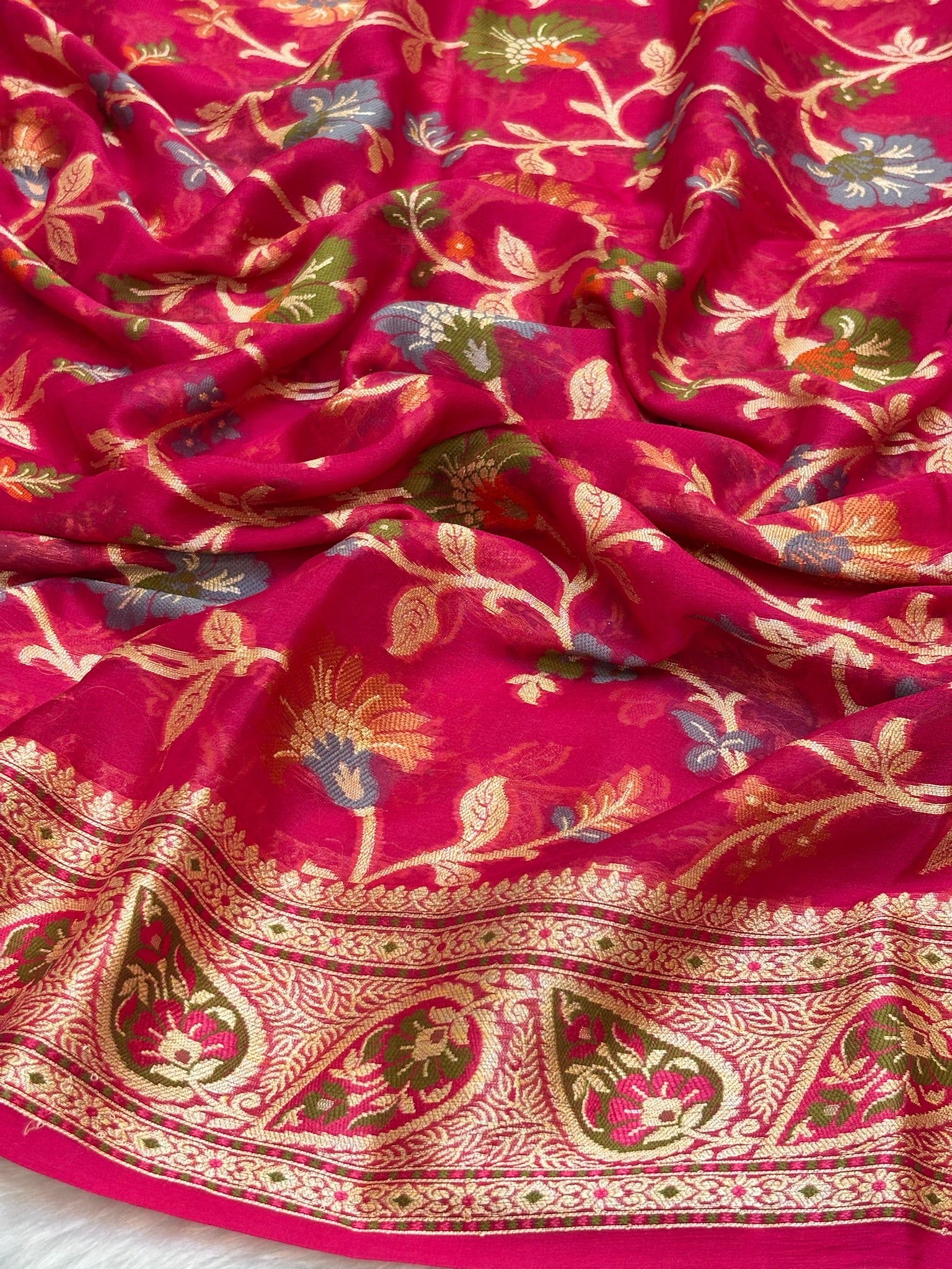 Pure Chiffon Silk Saree in Apple Red with Zari Border | Handcrafted Elegant Party Wear