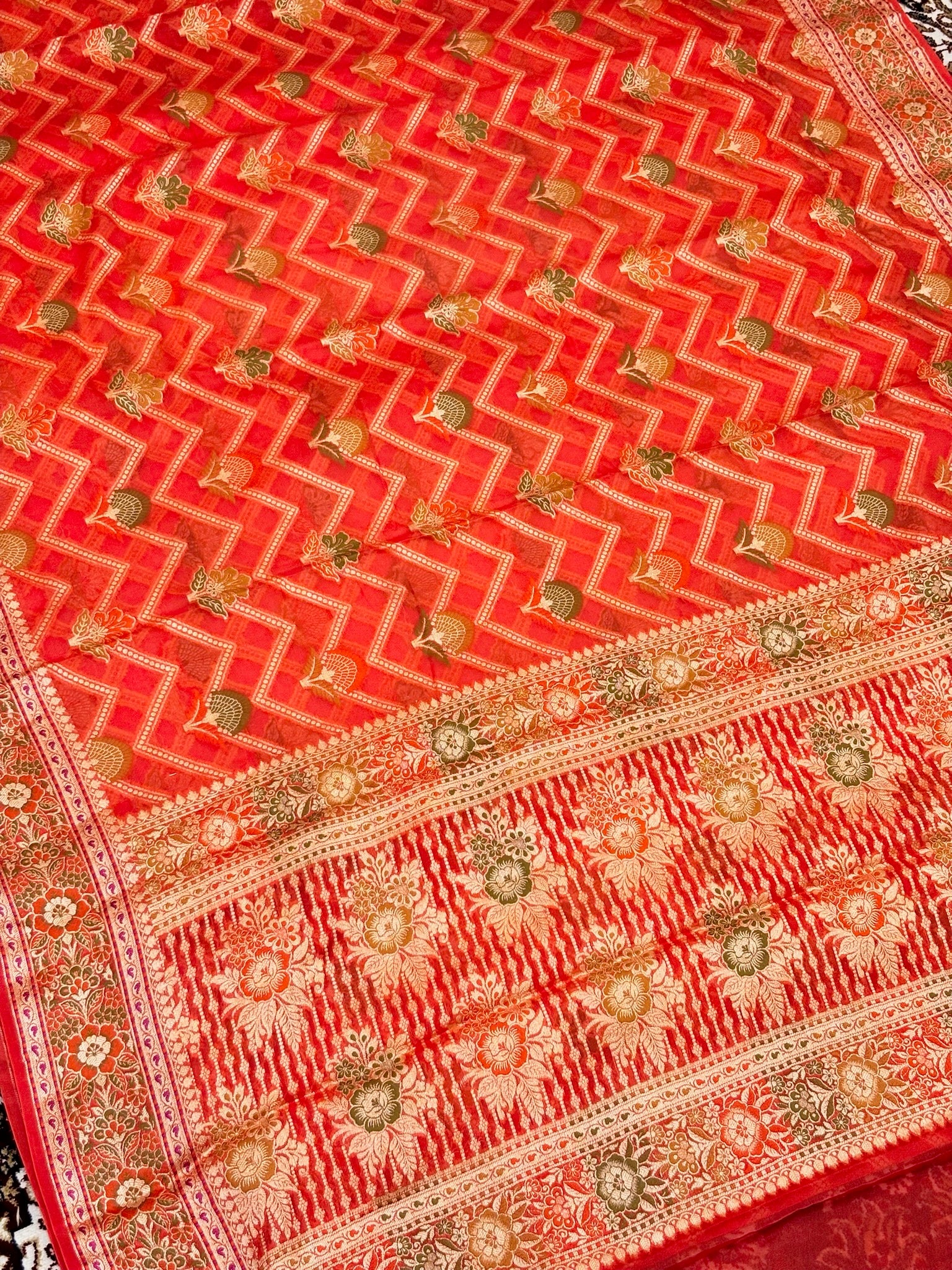 Pure Chiffon Silk Saree in Coral Orange with Zari Border | Handcrafted Elegant Party Wear