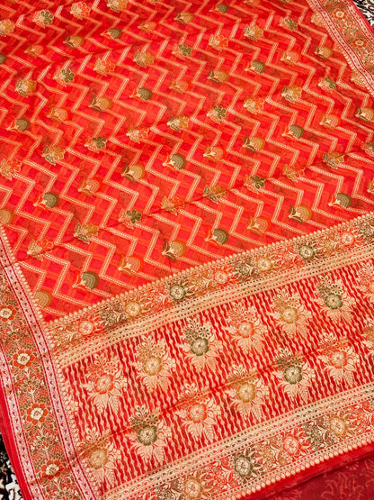 Pure Chiffon Silk Saree in Coral Orange with Zari Border | Handcrafted Elegant Party Wear