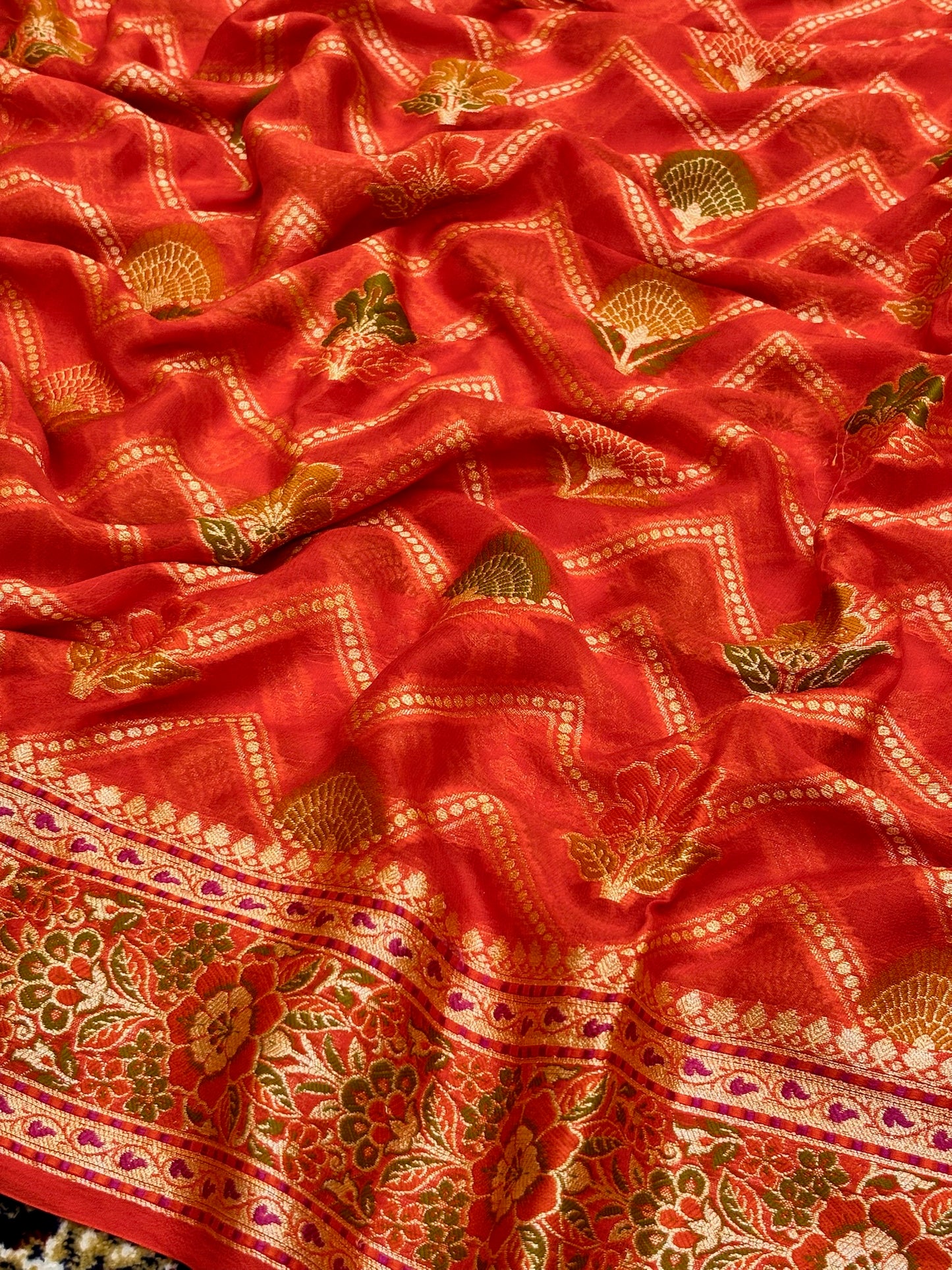Pure Chiffon Silk Saree in Coral Orange with Zari Border | Handcrafted Elegant Party Wear