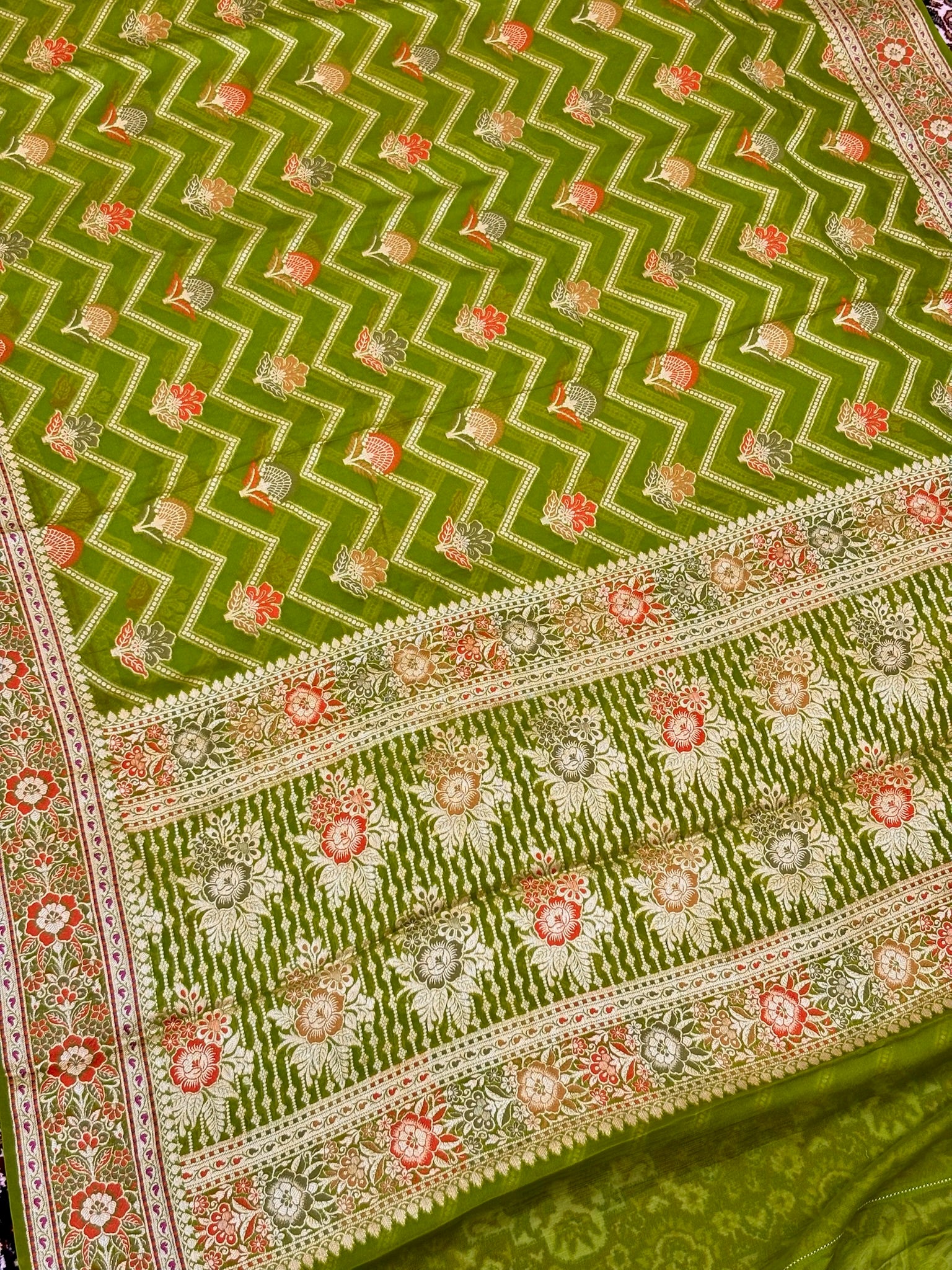 Pure Chiffon Silk Saree in Pista Green with Zari Border | Handcrafted Elegant Party Wear