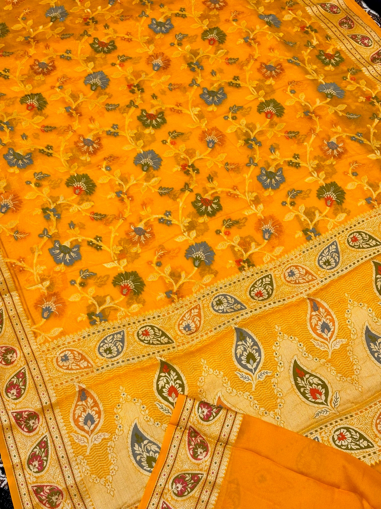 Pure Chiffon Silk Saree in Yellow with Zari Border | Handcrafted Elegant Party Wear
