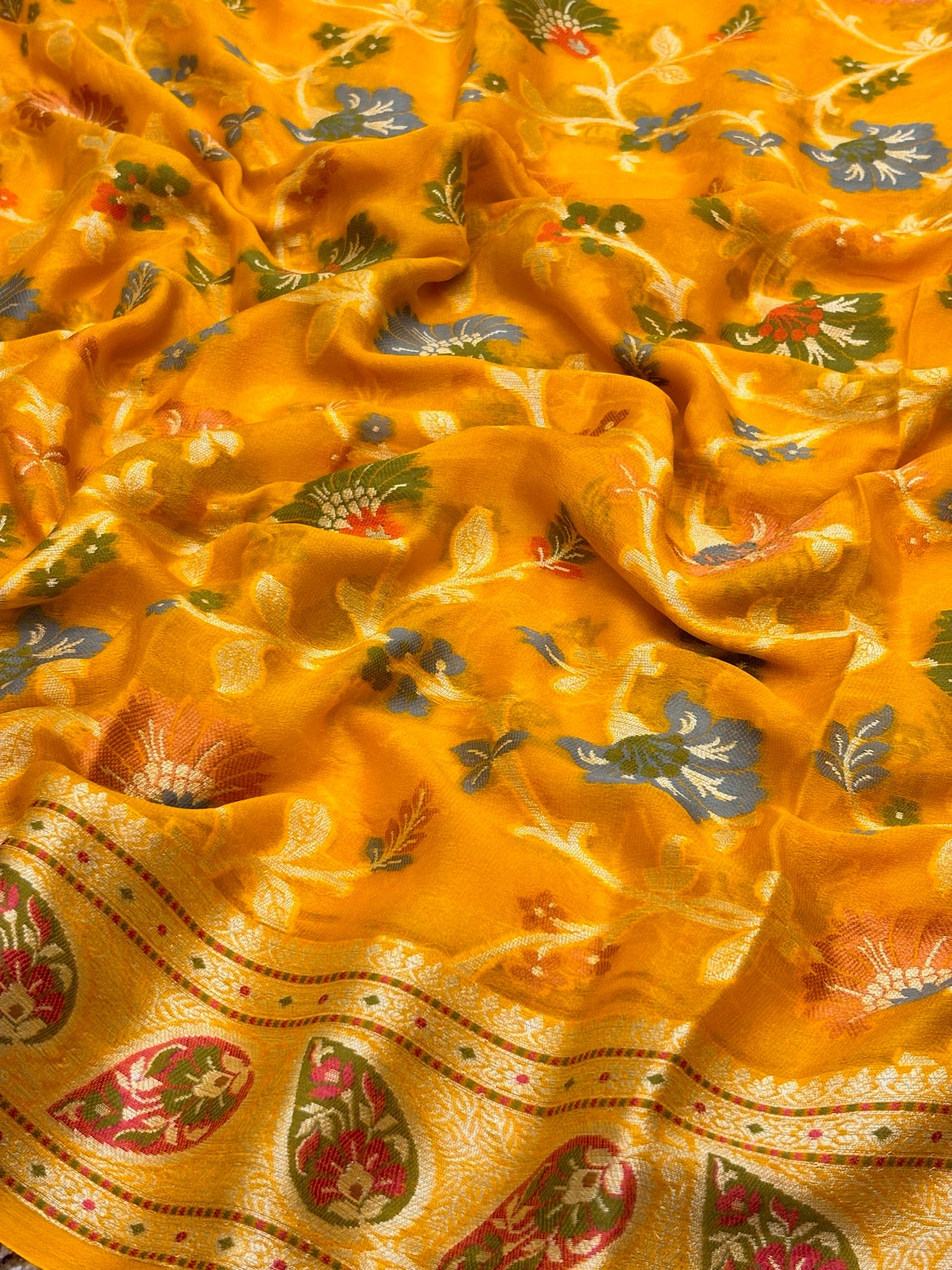 Pure Chiffon Silk Saree in Yellow with Zari Border | Handcrafted Elegant Party Wear