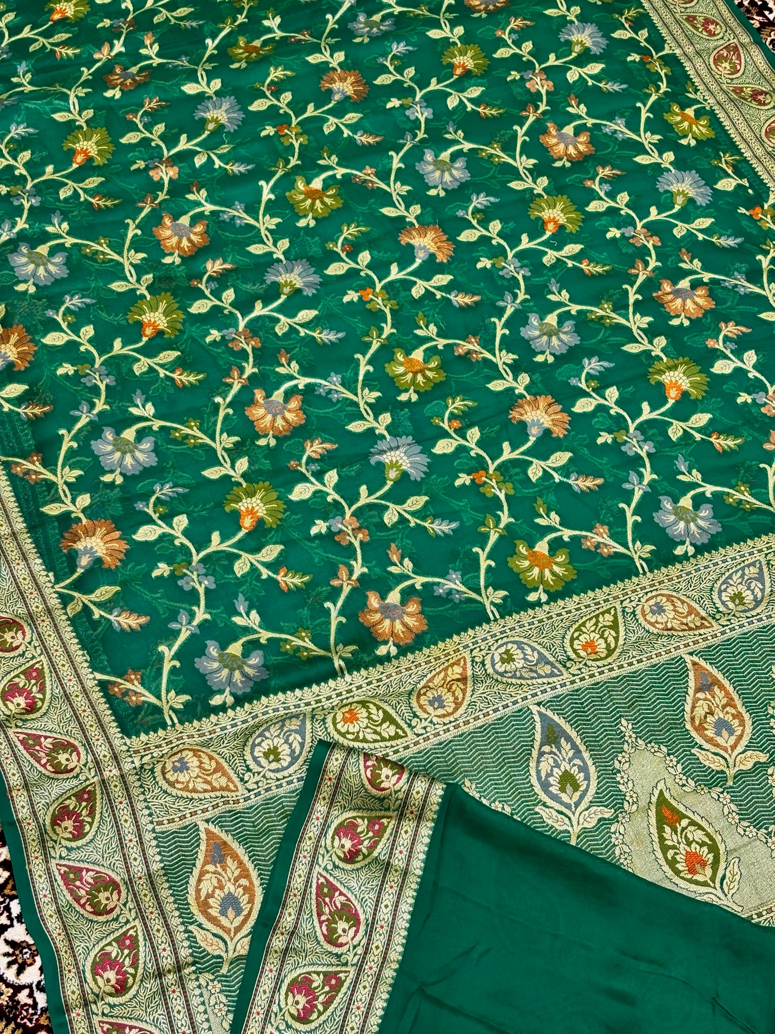 Pure Chiffon Silk Saree in Teal with Zari Border | Handcrafted Elegant Party Wear