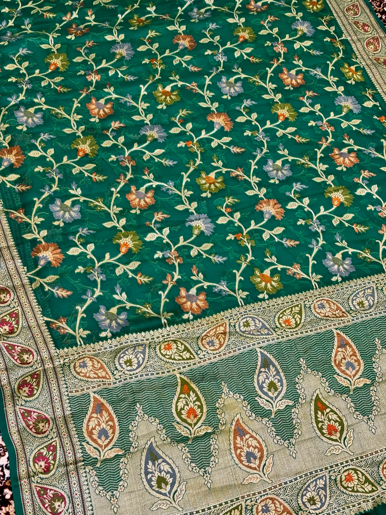 Pure Chiffon Silk Saree in Teal with Zari Border | Handcrafted Elegant Party Wear