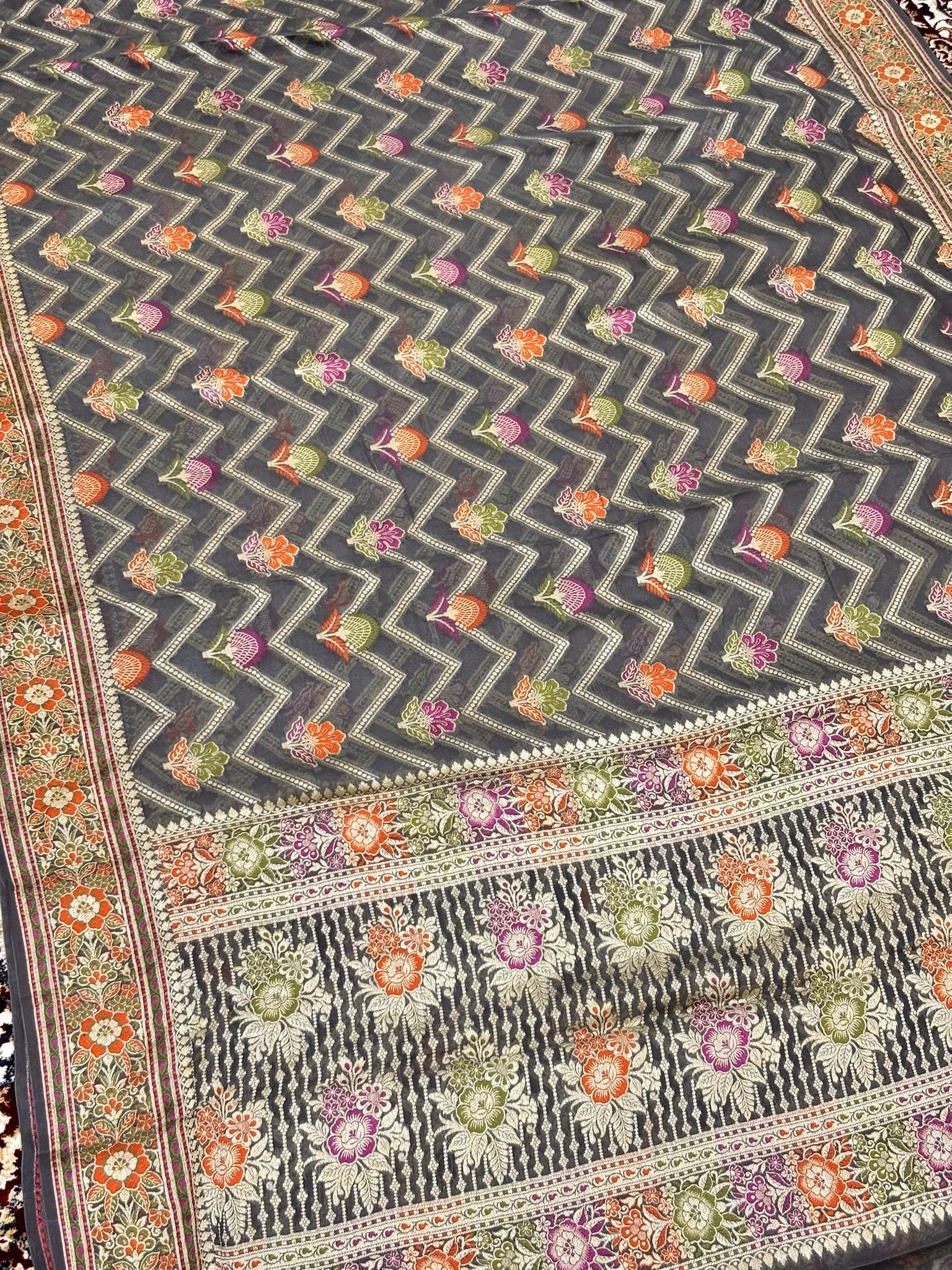 Pure Chiffon Silk Saree in Grey with Zari Border | Handcrafted Elegant Party Wear