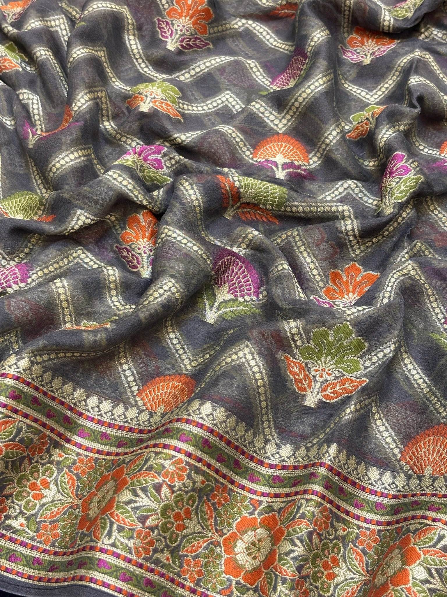 Pure Chiffon Silk Saree in Grey with Zari Border | Handcrafted Elegant Party Wear