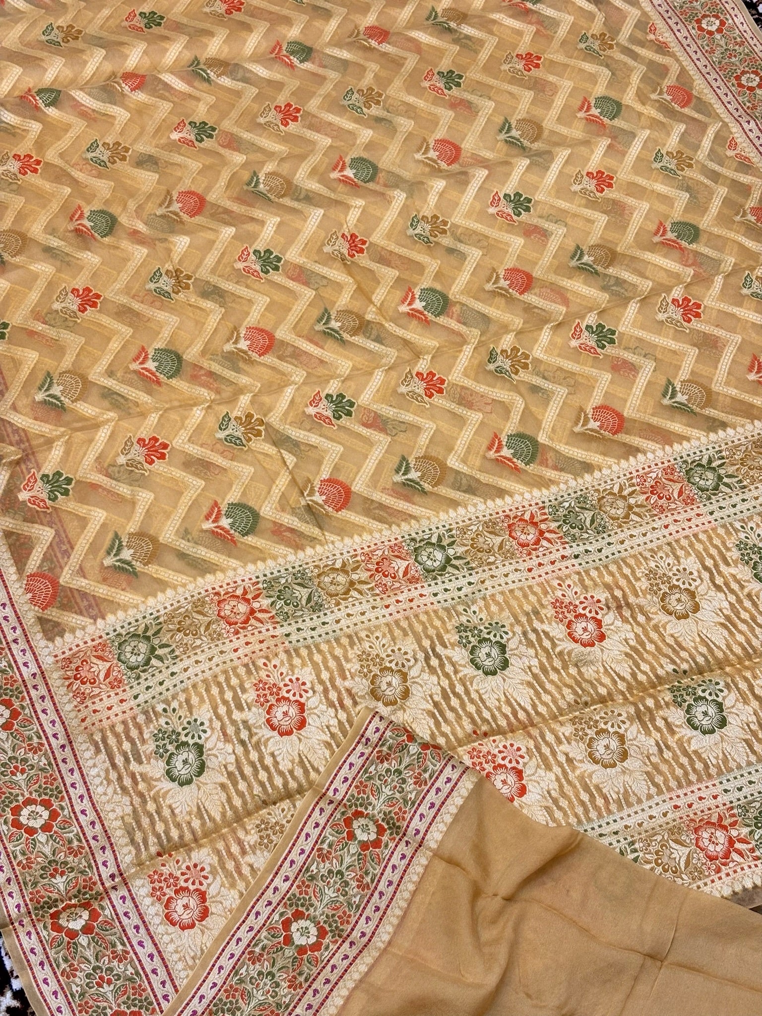 Pure Chiffon Silk Saree in Champagne Gold with Zari Border | Handcrafted Elegant Party Wear