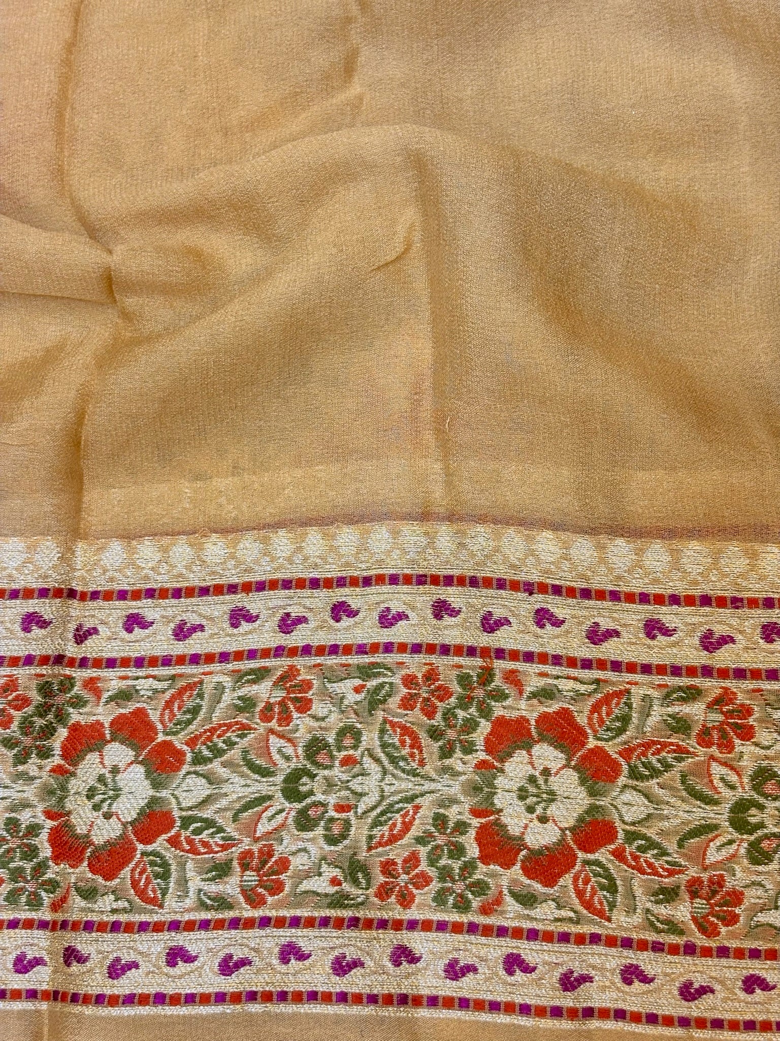 Pure Chiffon Silk Saree in Champagne Gold with Zari Border | Handcrafted Elegant Party Wear