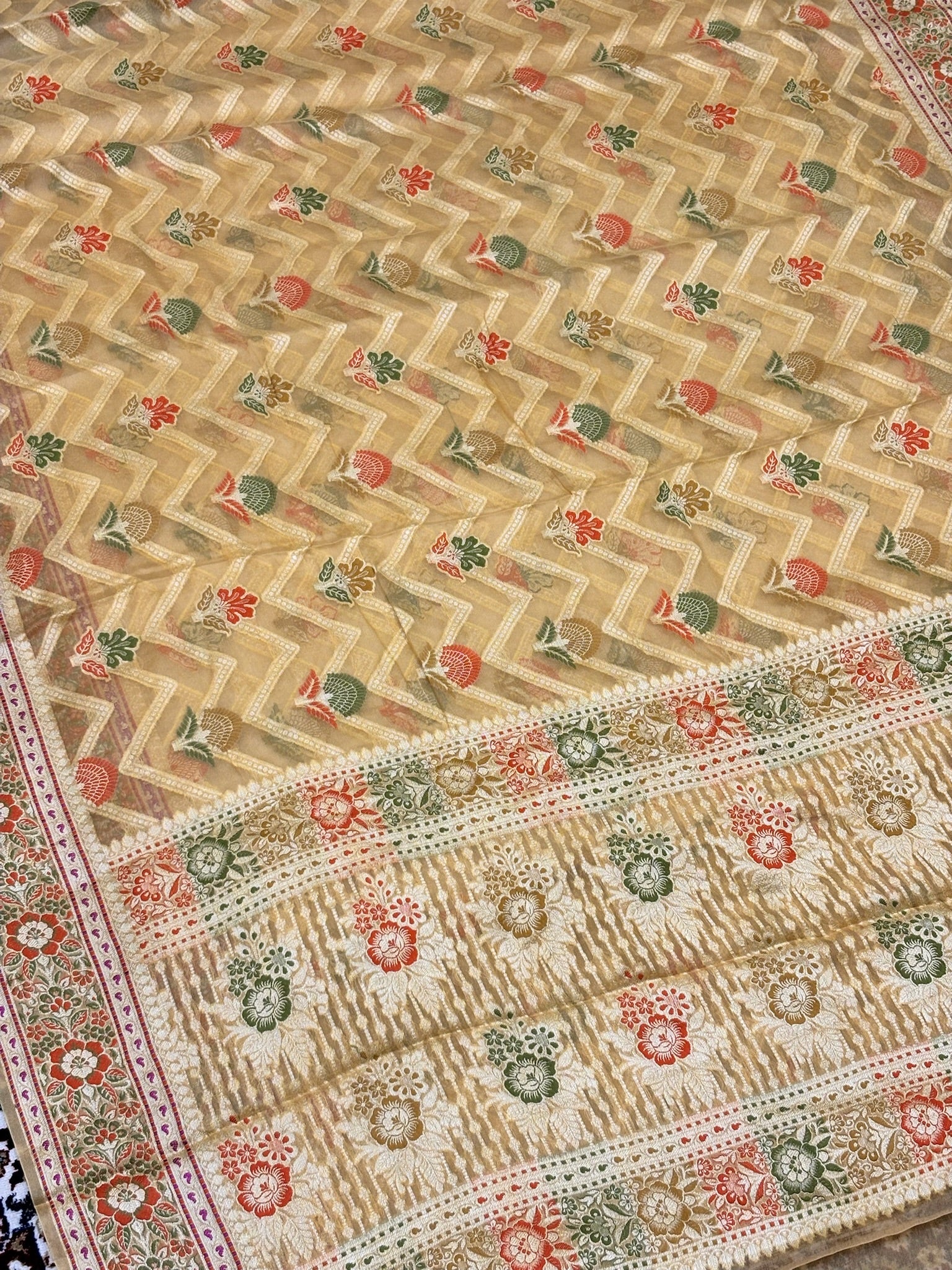 Pure Chiffon Silk Saree in Champagne Gold with Zari Border | Handcrafted Elegant Party Wear