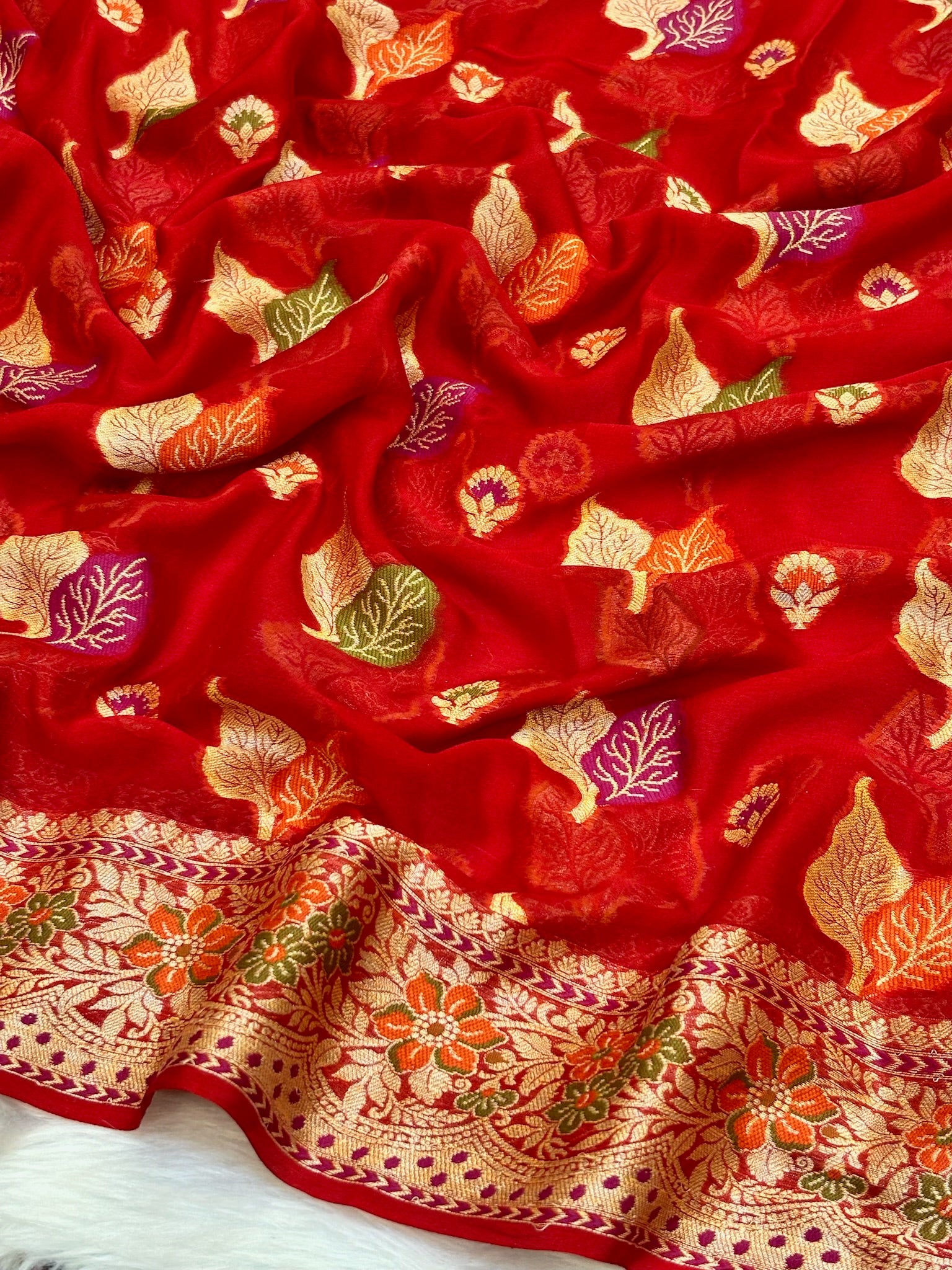 Pure Chiffon Silk Saree in Red with Zari Border | Handcrafted Elegant Party Wear
