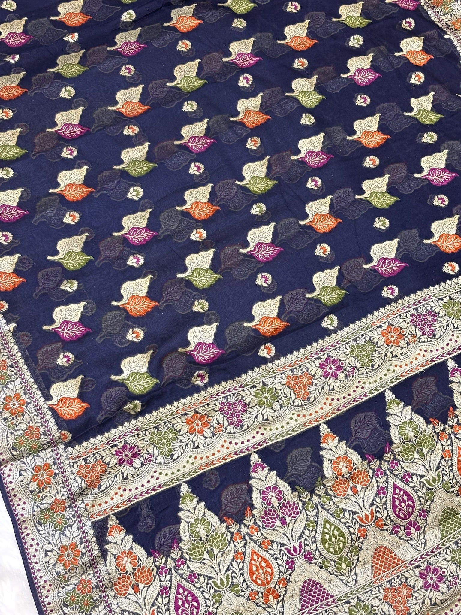 Pure Chiffon Silk Saree in Neavy Blue with Zari Border | Handcrafted Elegant Party Wear