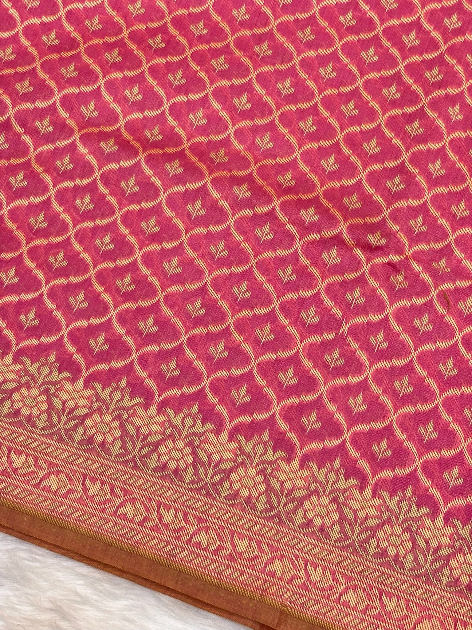 Pure Cotton Silk Saree in Rose Pink with Floral Buti & Elegant Border