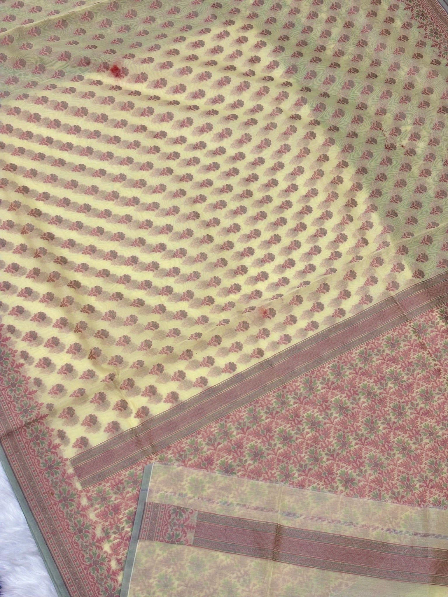 Pure Cotton Silk Saree in Ivory with Floral Buti & Elegant Border