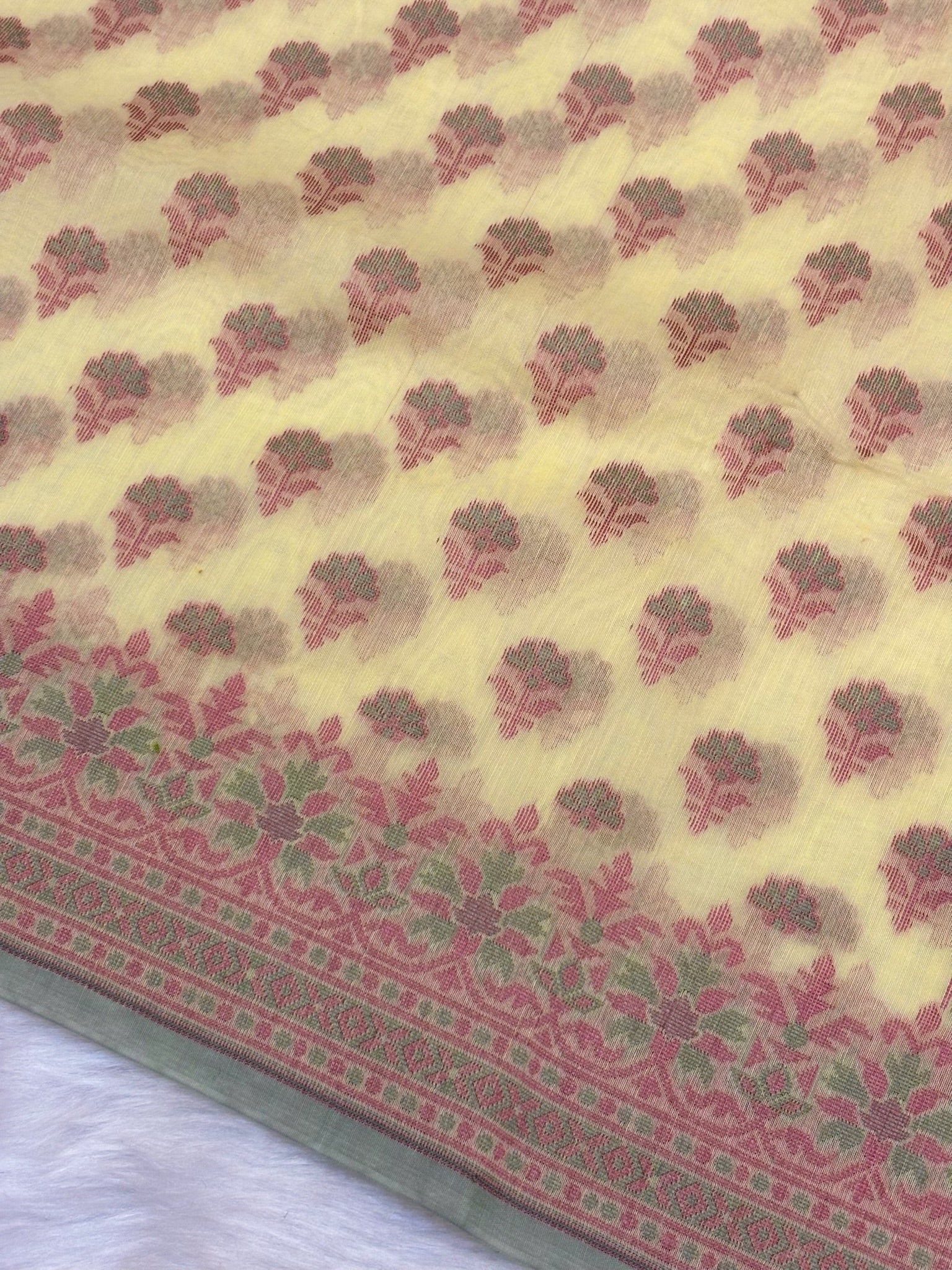 Pure Cotton Silk Saree in Soft Ivory with Floral Buti & Elegant Border