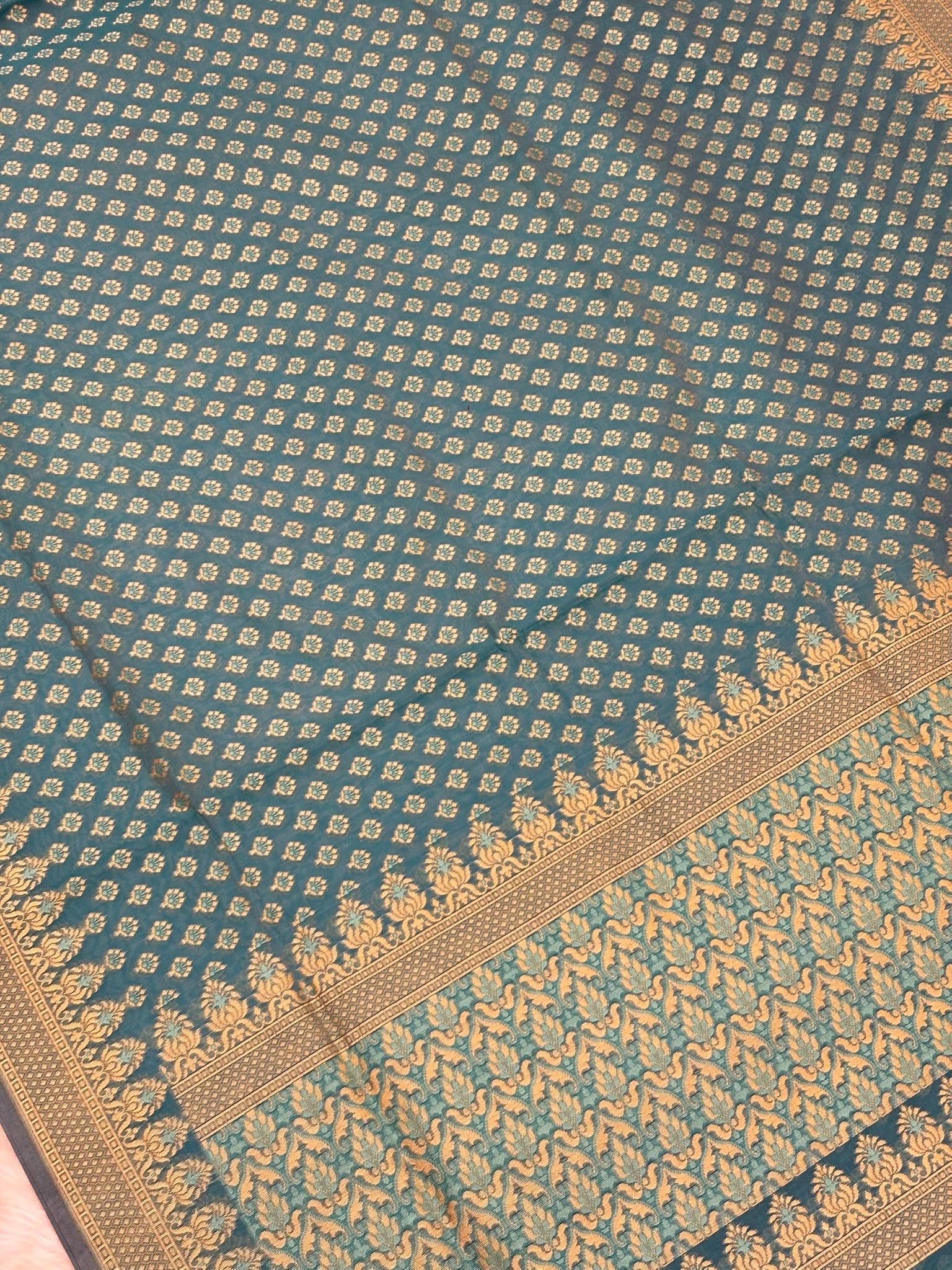 Pure Cotton Silk Saree in Ocean Blue with Floral Buti & Elegant Border