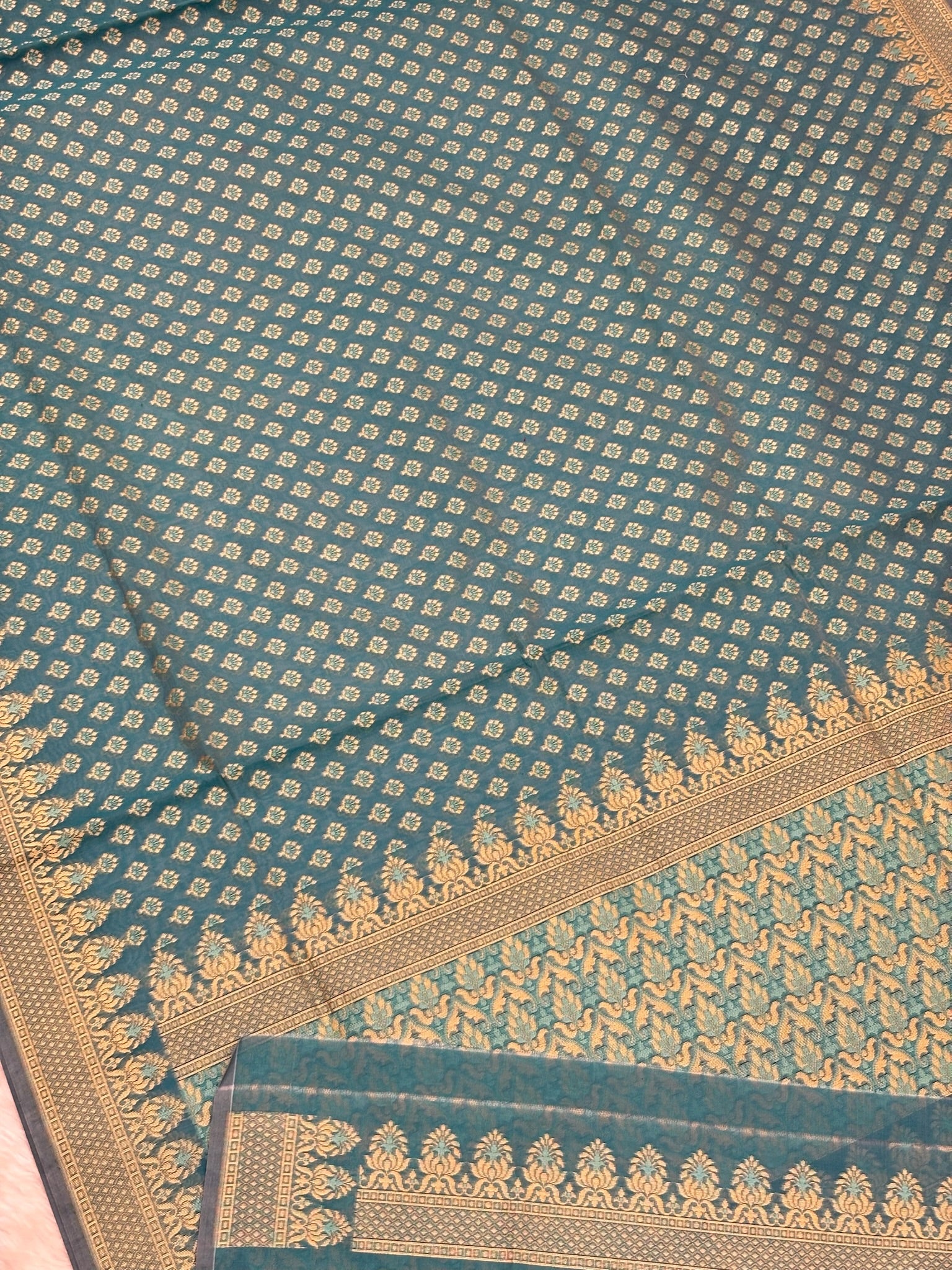 Pure Cotton Silk Saree in Ocean Blue with Floral Buti & Elegant Border