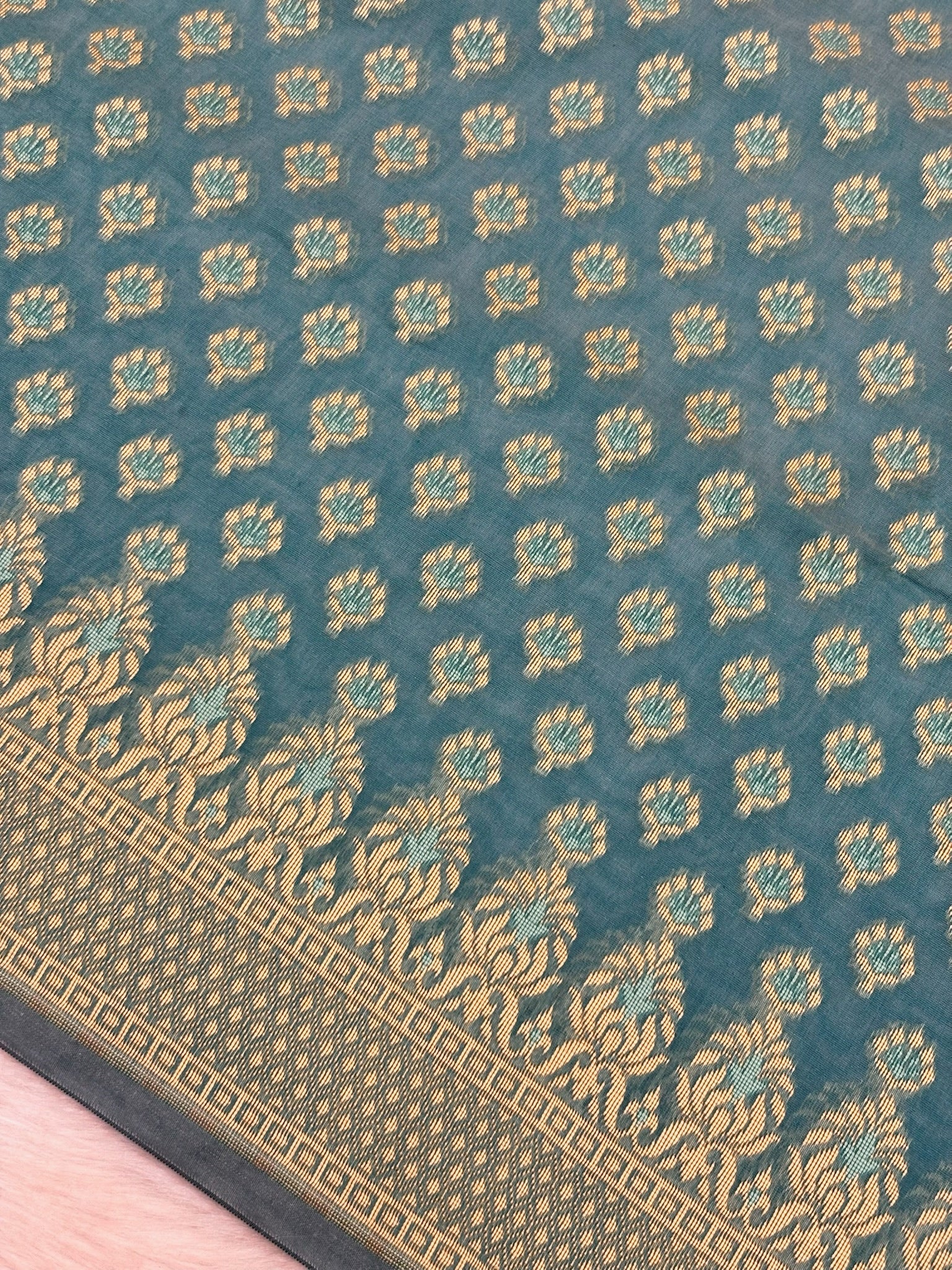 Pure Cotton Silk Saree in Ocean Blue with Floral Buti & Elegant Border