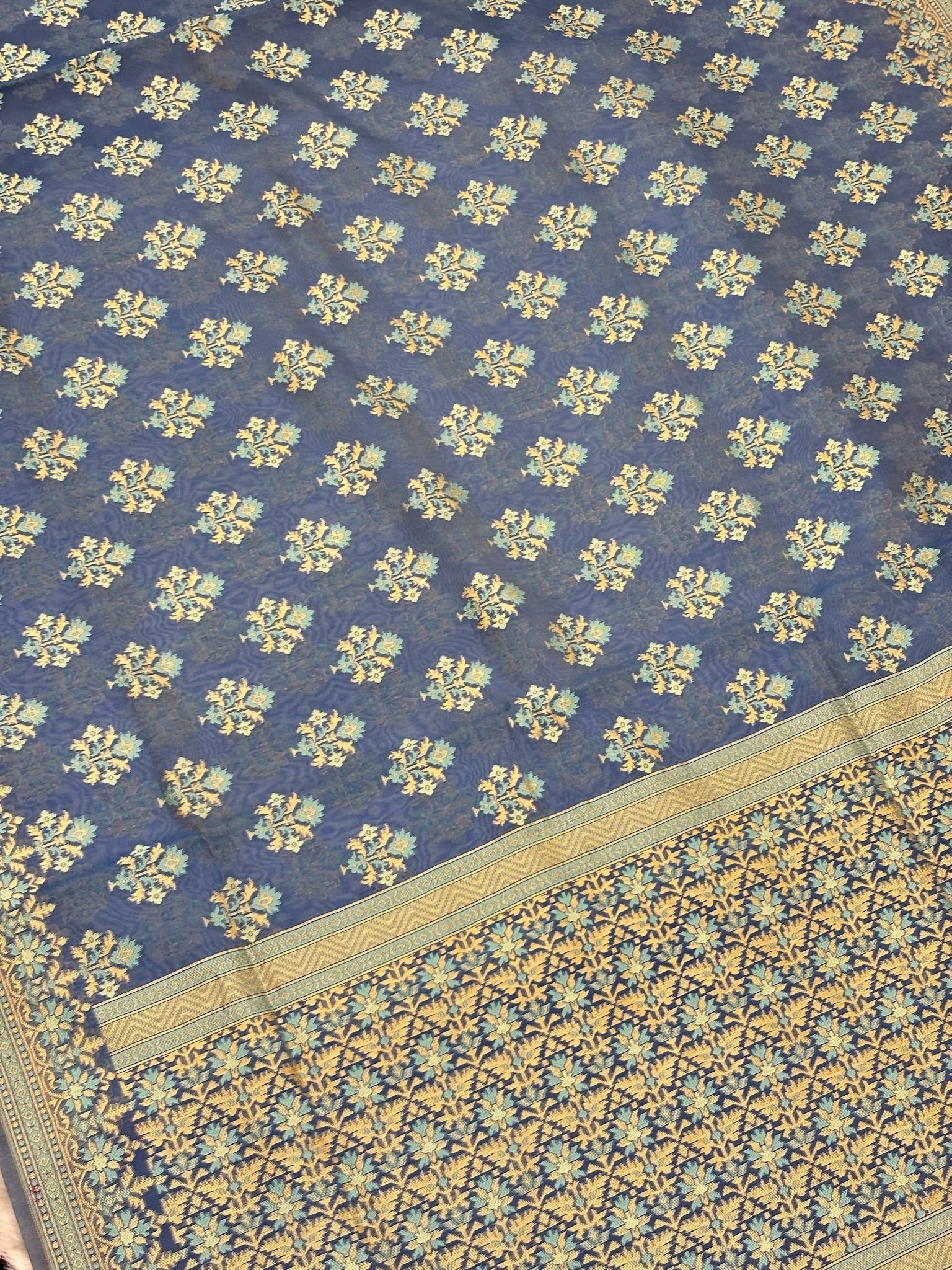 Pure Cotton Silk Saree in Soft Greyish Blue with Floral Buti & Elegant Border