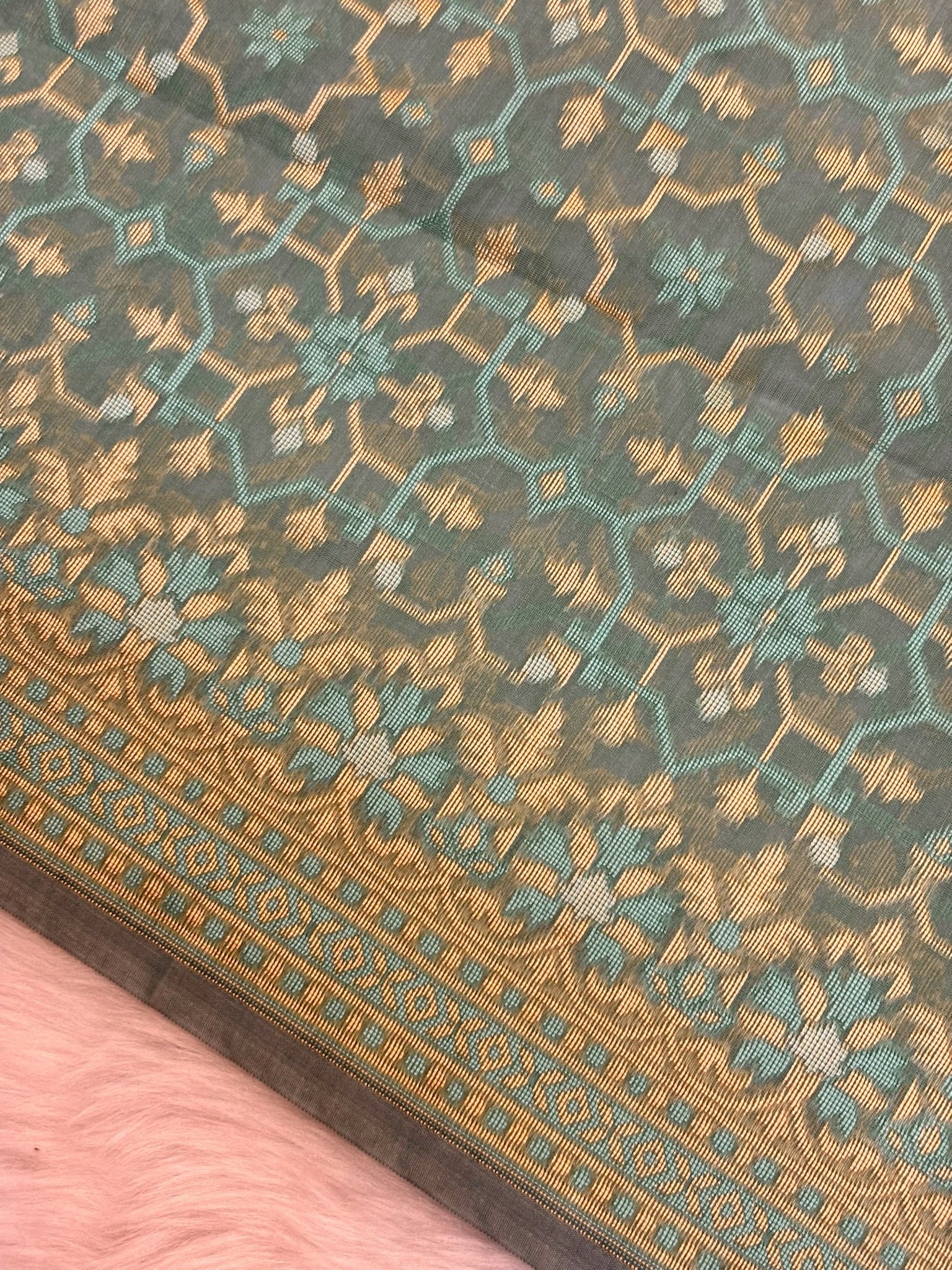 Pure Cotton Silk Saree in Sea Green with Floral Buti & Elegant Border