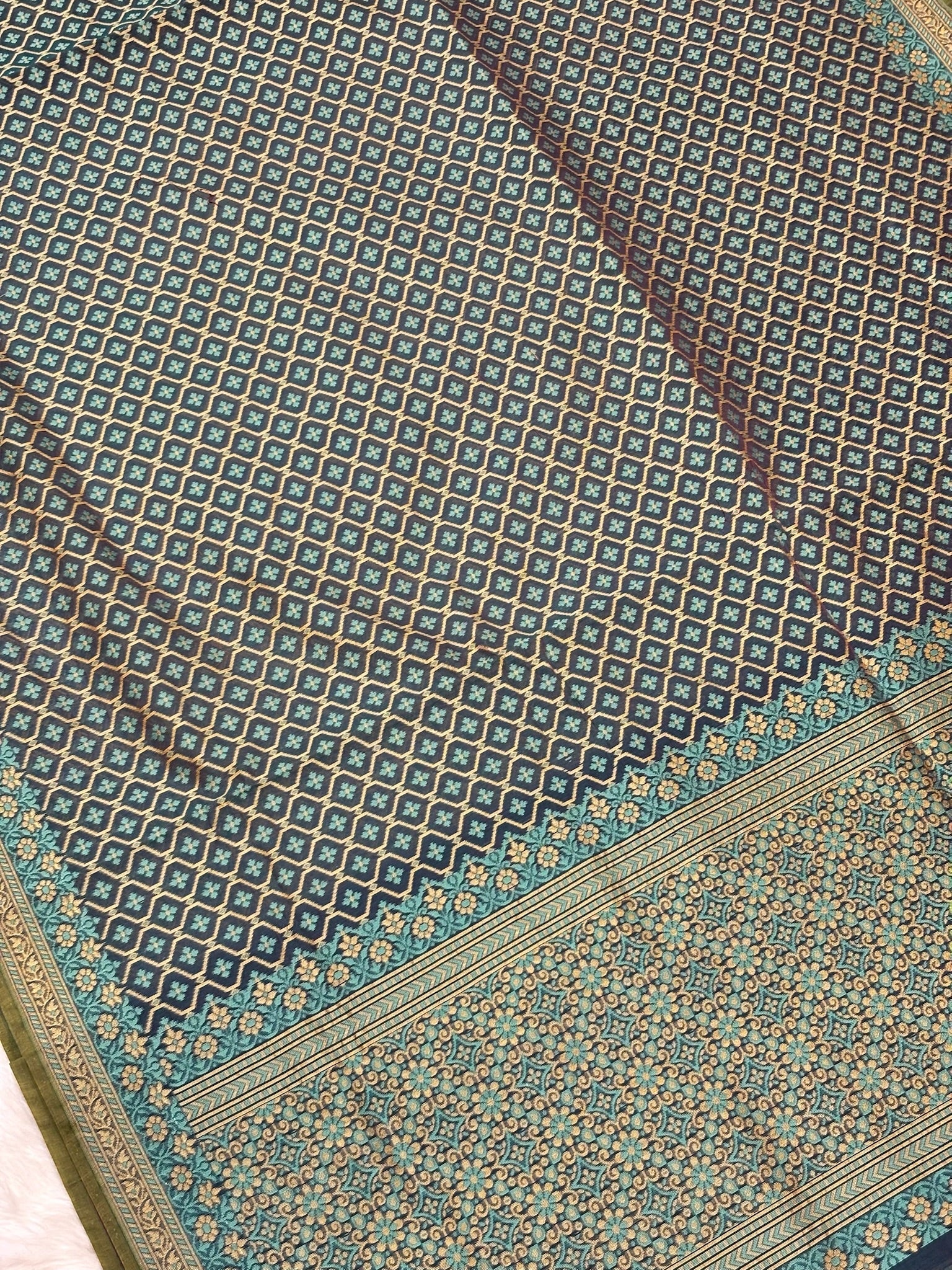 Pure Cotton Silk Saree in Teal Blue with Floral Buti & Elegant Border