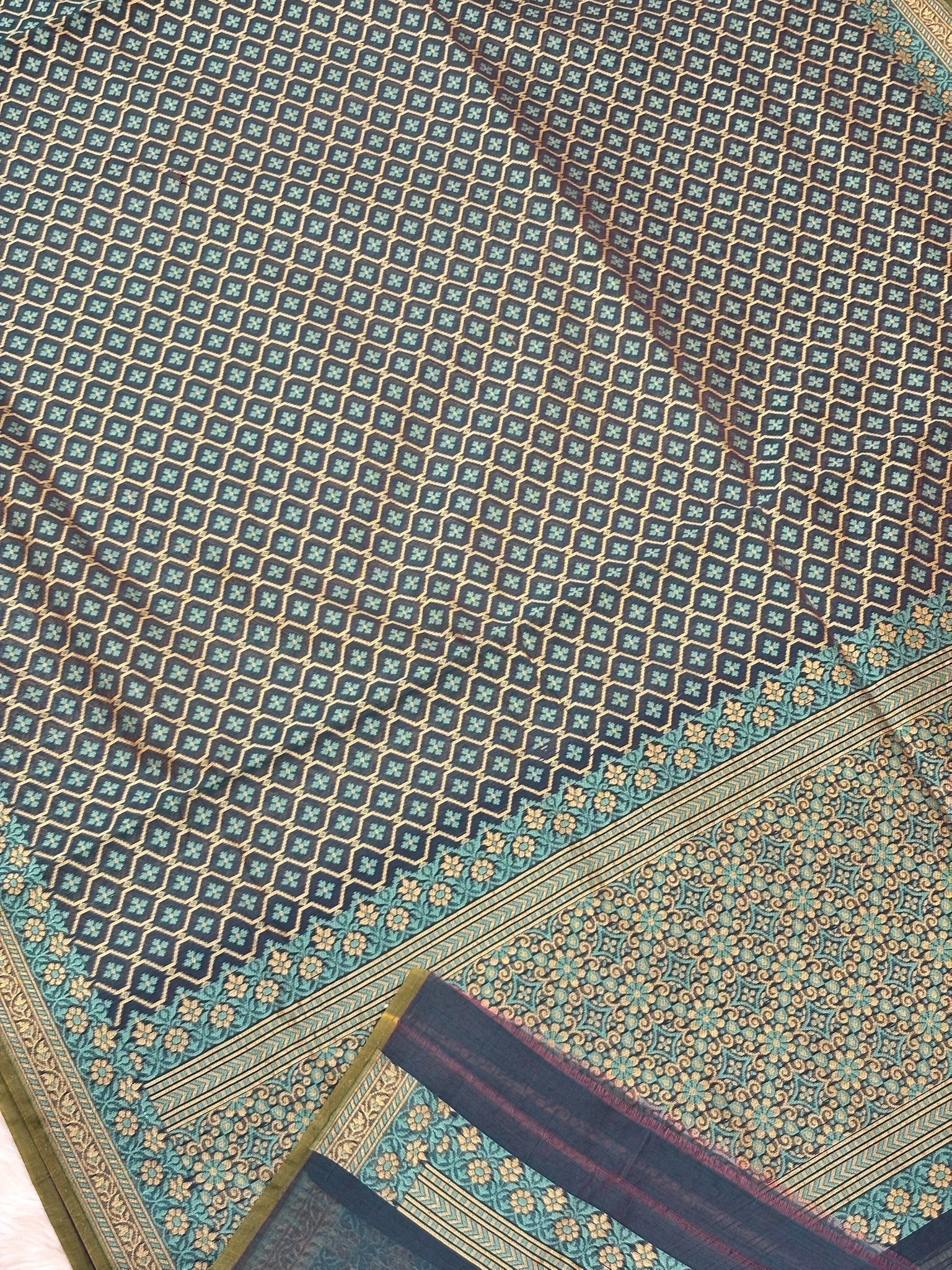 Pure Cotton Silk Saree in Teal Blue with Floral Buti & Elegant Border