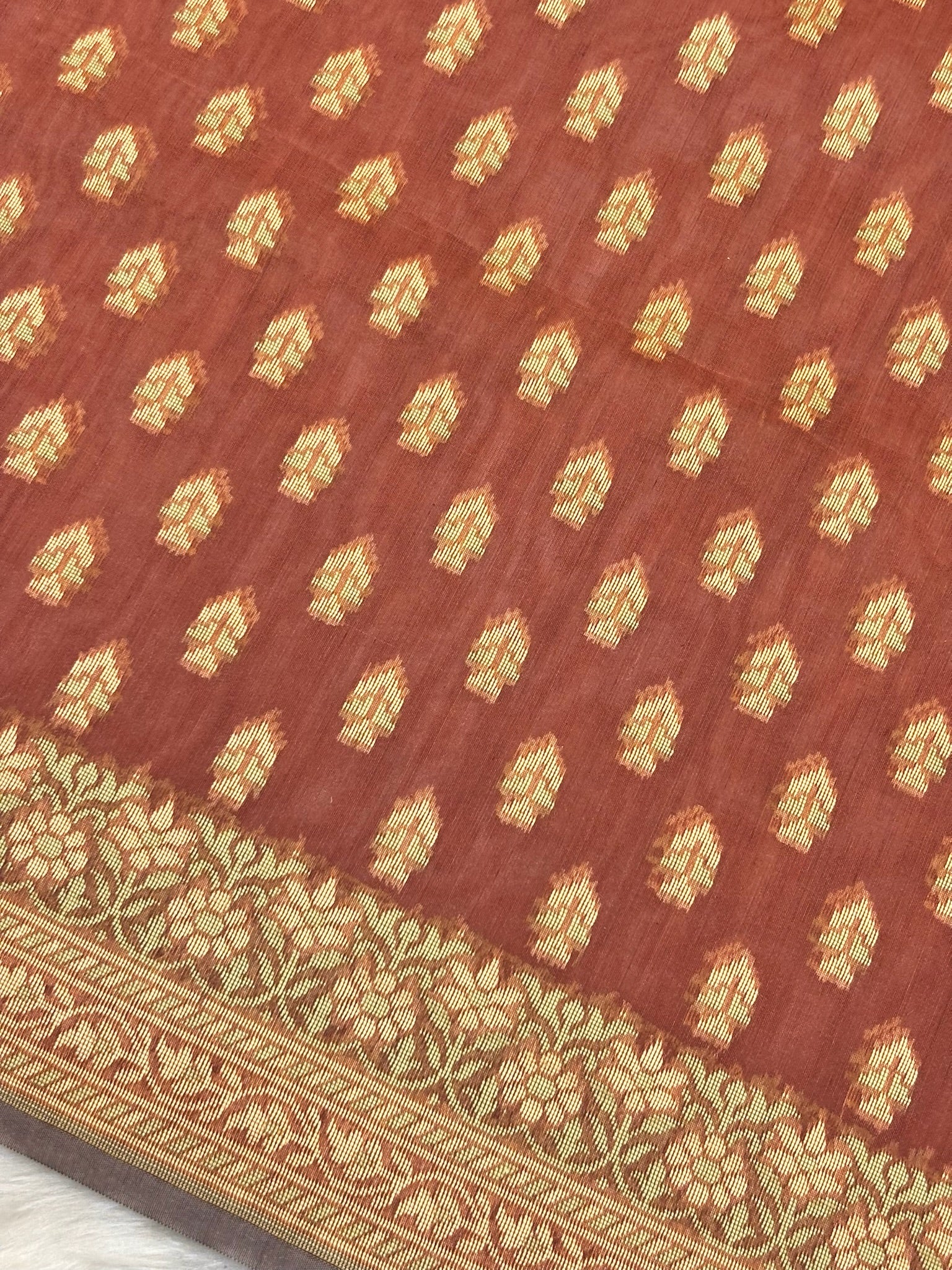 Pure Cotton Silk Saree in Rust Brown with Floral Buti & Elegant Border