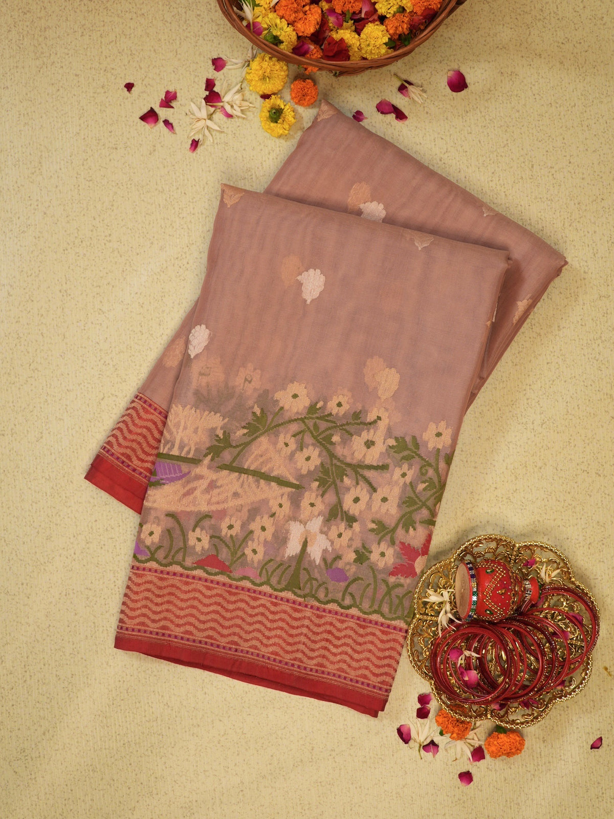 Dusty Rose Pink 100% Pure Katan Handwoven Silk Saree with Zari Work