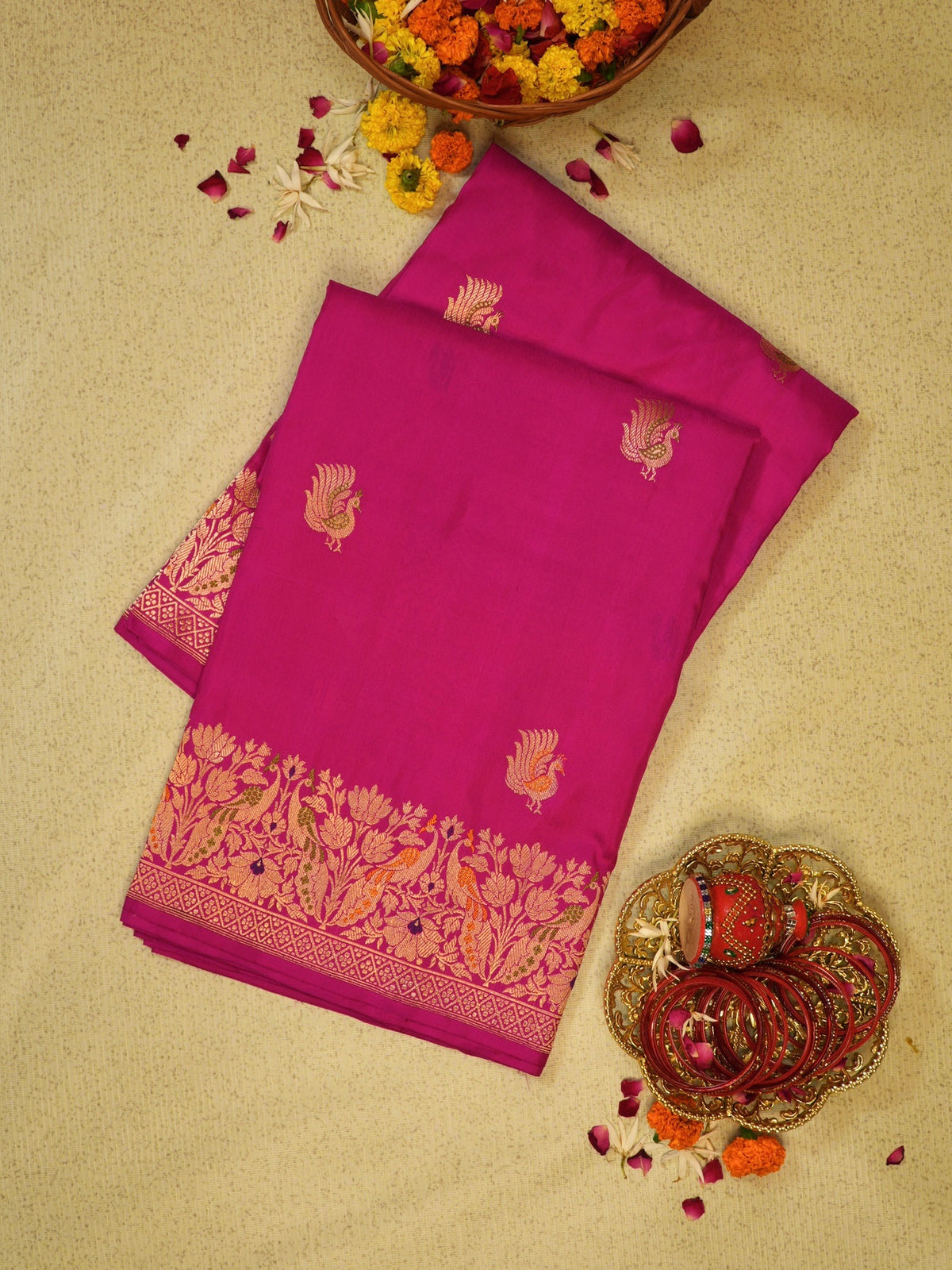 Rani Pink 100% Pure Katan Handwoven Silk Saree with Zari Work