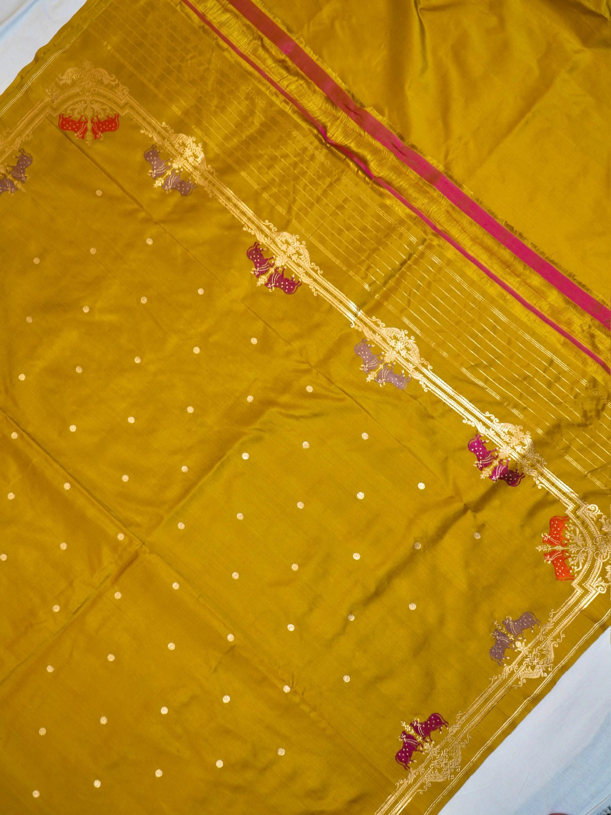 Golden Mustard Yellow 100% Pure Katan Handwoven Silk Saree with Zari Work