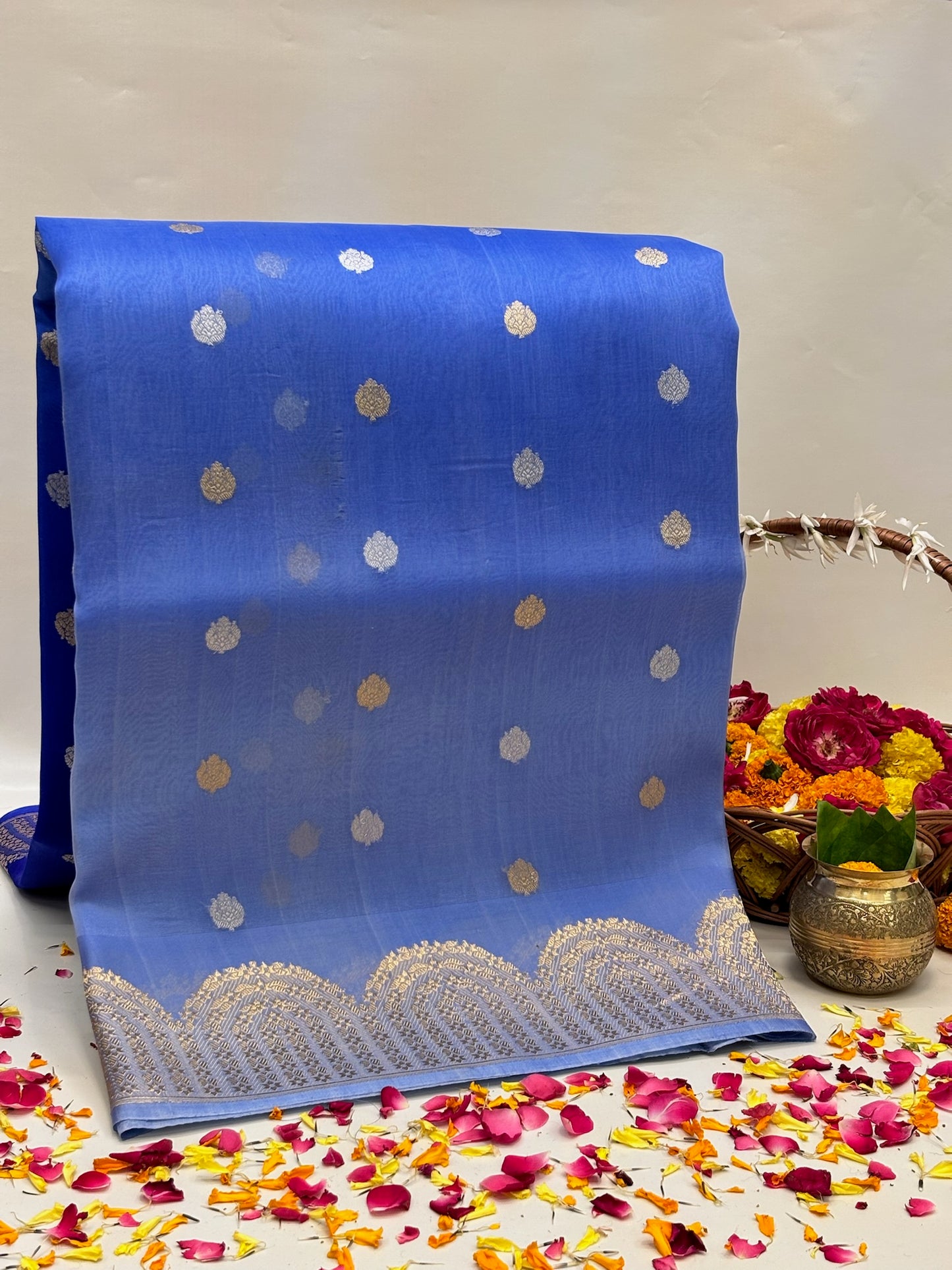 Blue Premium Banarasi Kora Organza Silk Saree – 100% Handwoven | Elegant & Timeless Design