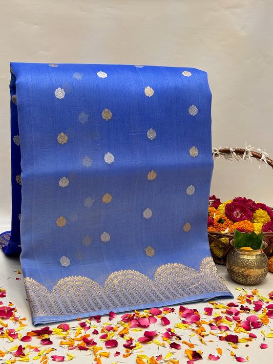 Blue Premium Banarasi Kora Organza Silk Saree – 100% Handwoven | Elegant & Timeless Design