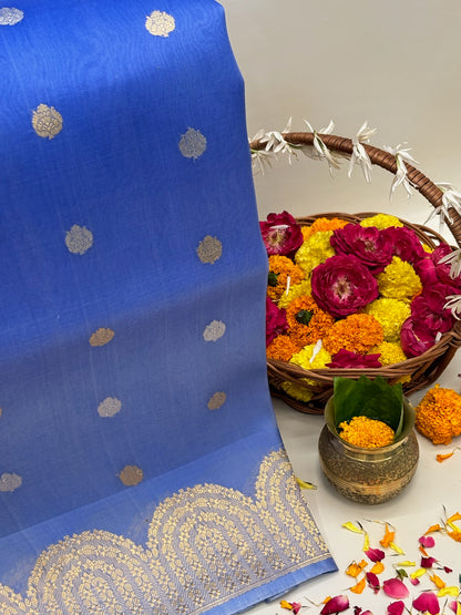 Blue Premium Banarasi Kora Organza Silk Saree – 100% Handwoven | Elegant & Timeless Design