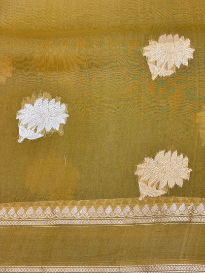 Musterd Yellow Premium Banarasi Kora Organza Silk Saree – 100% Handwoven | Elegant & Timeless Design