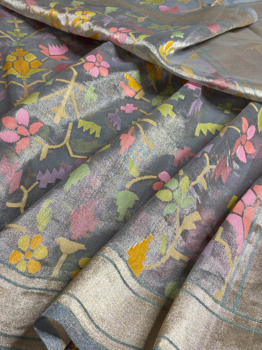 Pure Real Zari Tissue Jamdani Saree – Handwoven Luxury Floral Design with Rich Metallic Finish