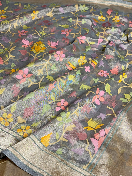 Pure Real Zari Tissue Jamdani Saree – Handwoven Luxury Floral Design with Rich Metallic Finish