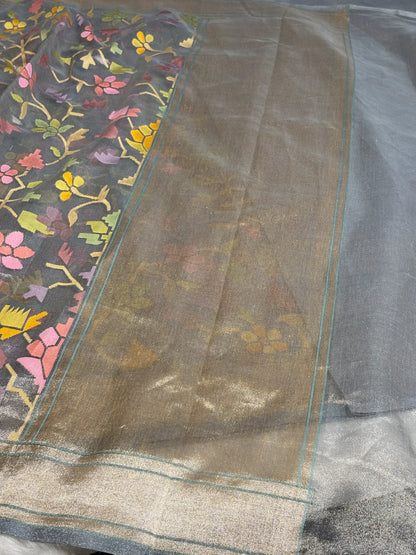 Pure Real Zari Tissue Jamdani Saree – Handwoven Luxury Floral Design with Rich Metallic Finish