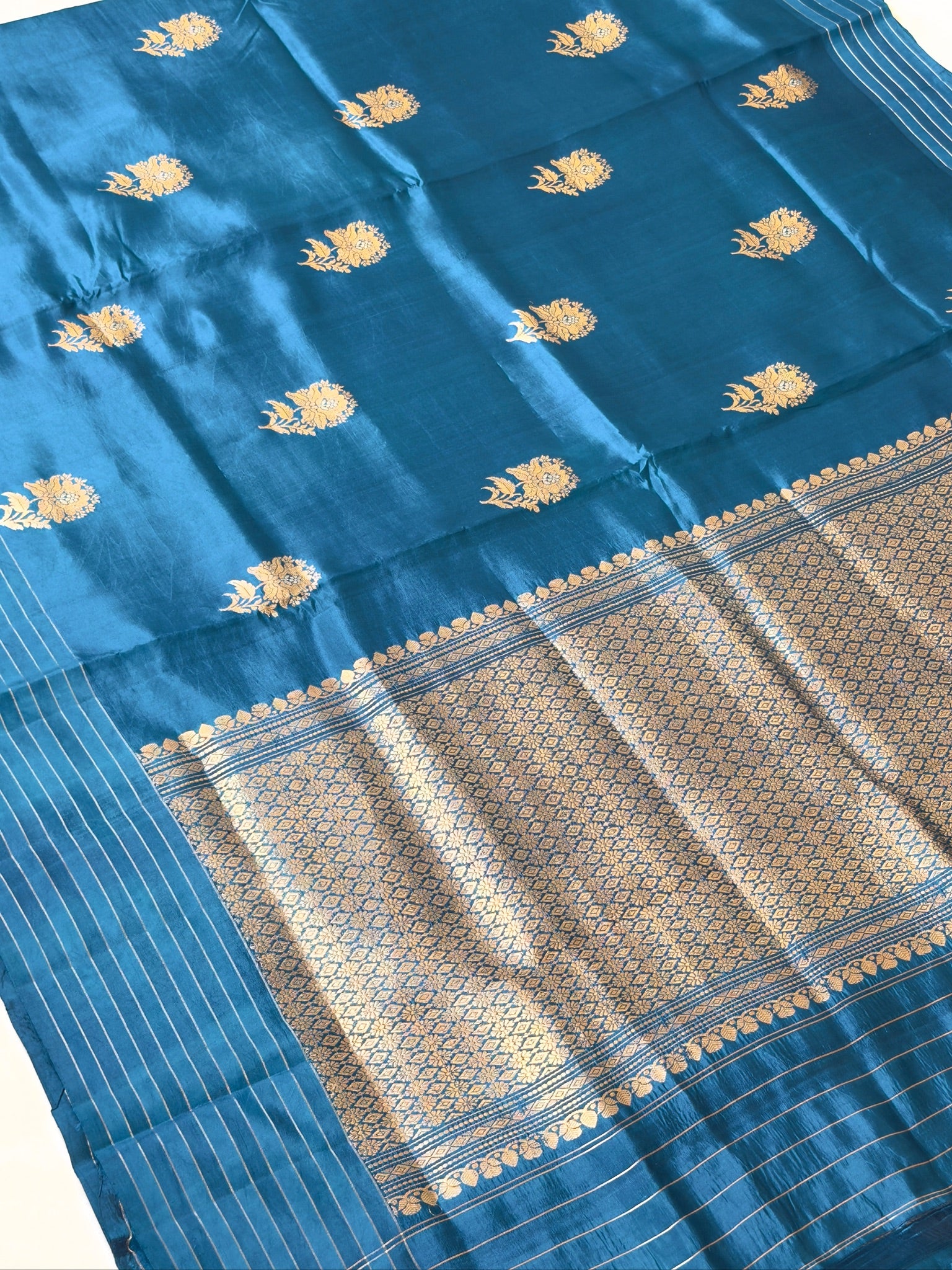 Teal Blue 100% Pure Soft Katan Silk Handwoven Saree